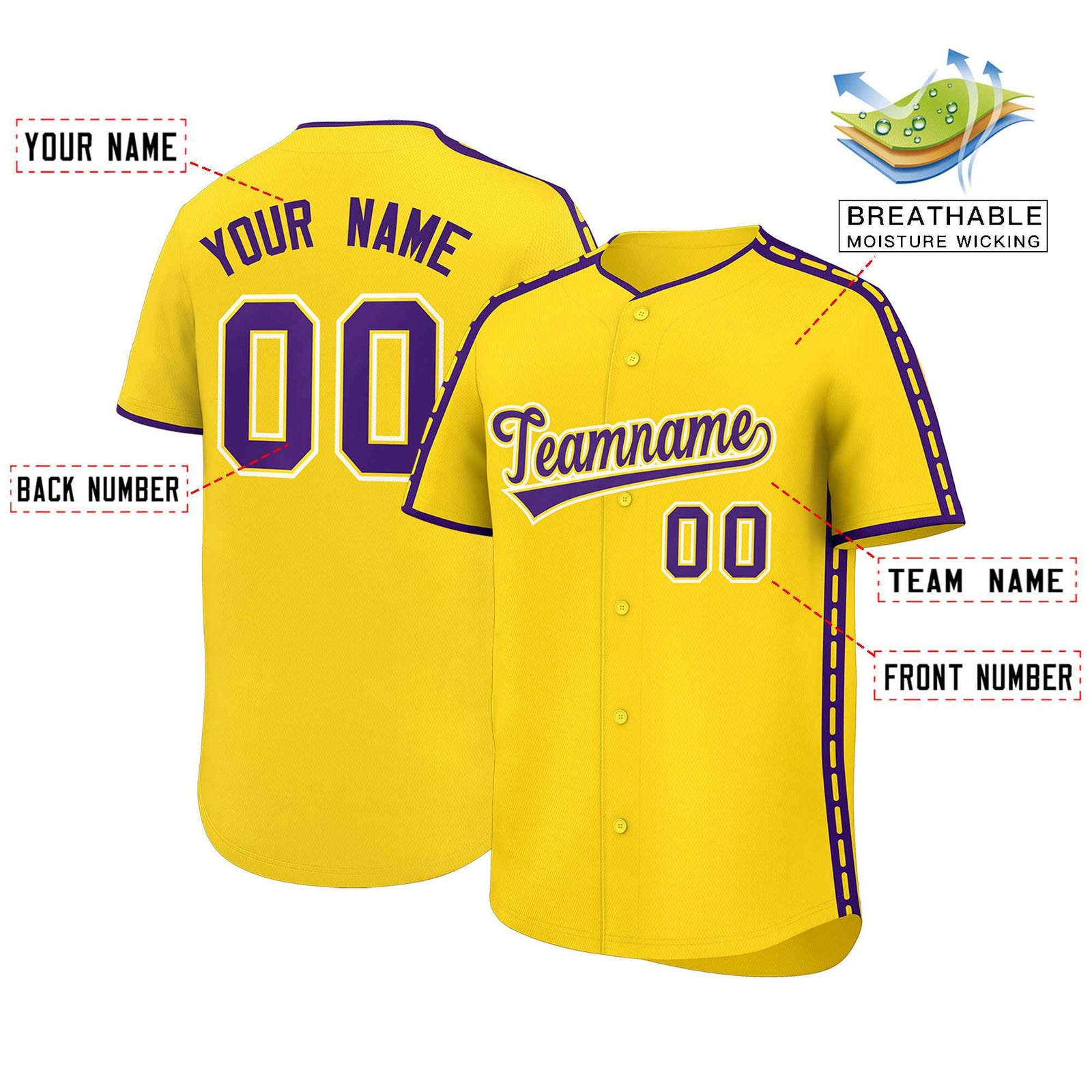 Custom Gold Purple Color Block Personalized Side Dotted Line Authentic Baseball Jersey
