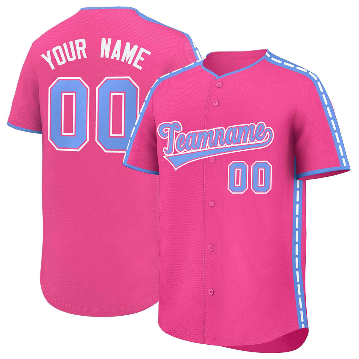 Custom Pink Light Blue Color Block Personalized Side Dotted Line Authentic Baseball Jersey