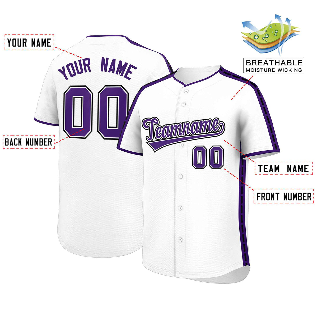 Custom White Purple Color Block Personalized Side Dotted Line Authentic Baseball Jersey