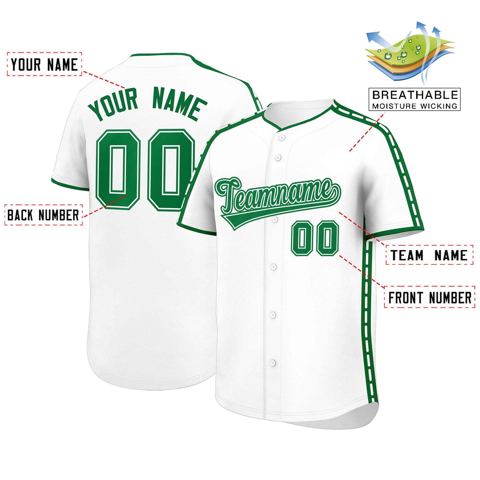 Custom White Kelly Green Color Block Personalized Side Dotted Line Authentic Baseball Jersey
