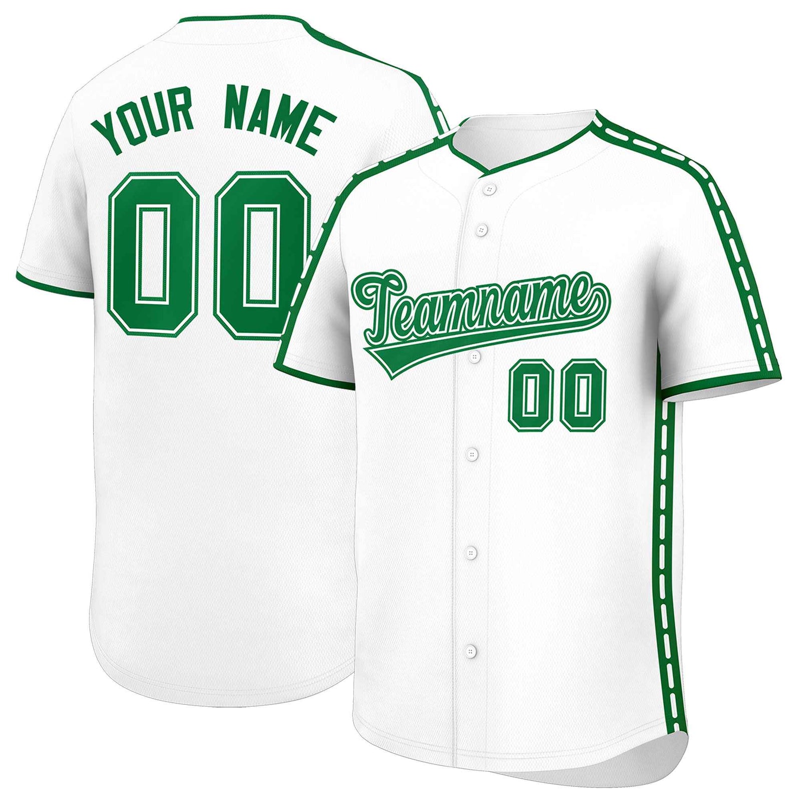 Custom White Kelly Green Color Block Personalized Side Dotted Line Authentic Baseball Jersey