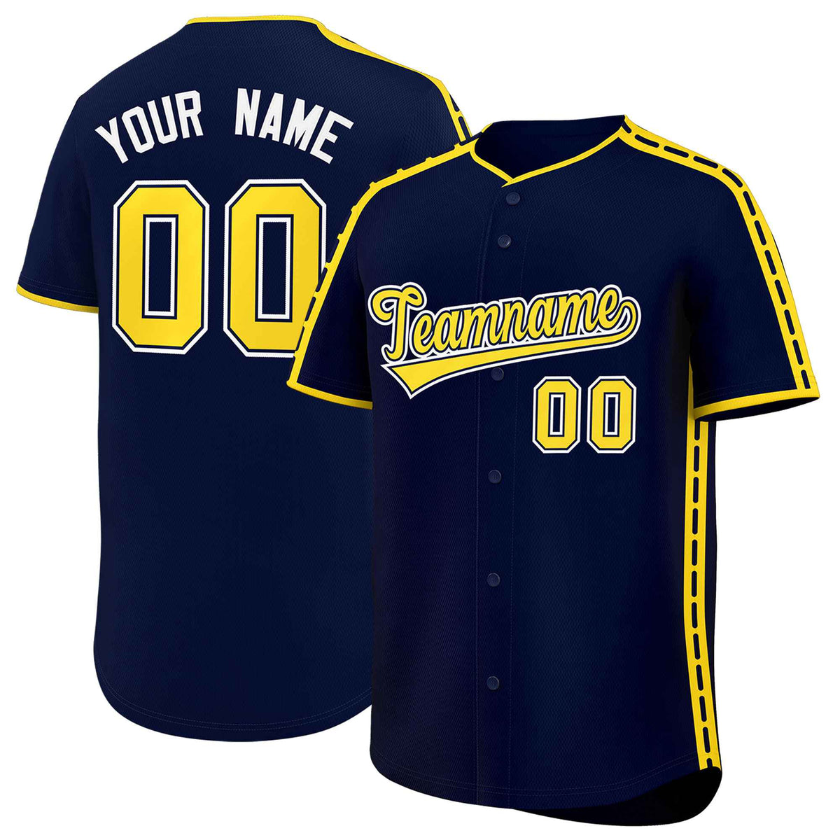 Custom Navy Gold Color Block Personalized Side Dotted Line Authentic Baseball Jersey