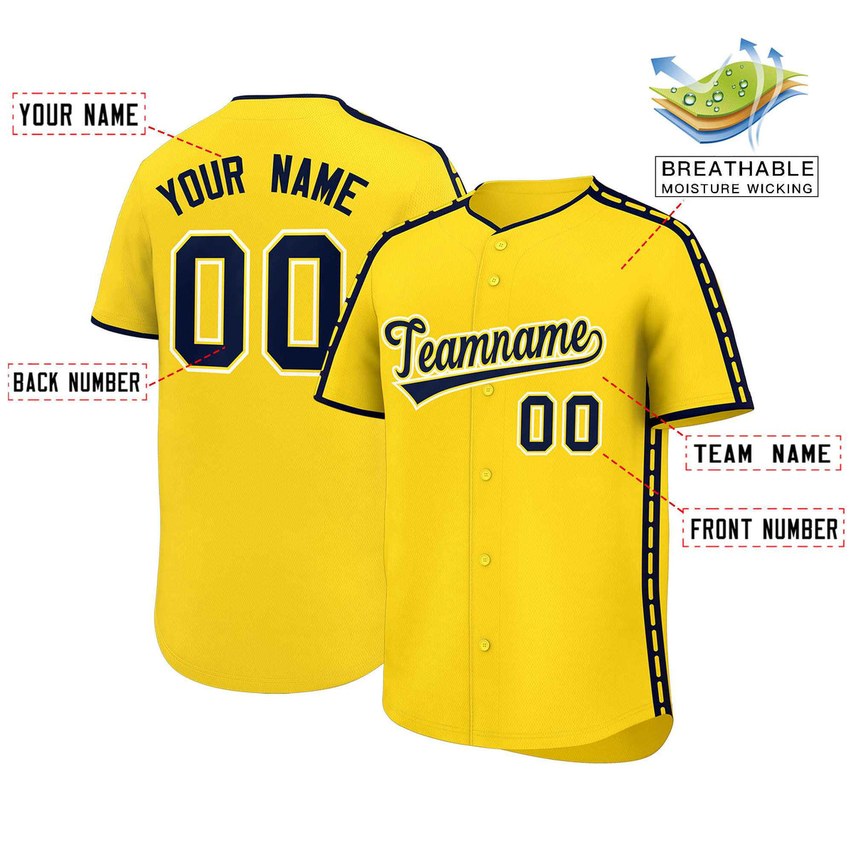 Custom Gold Navy Color Block Personalized Side Dotted Line Authentic Baseball Jersey