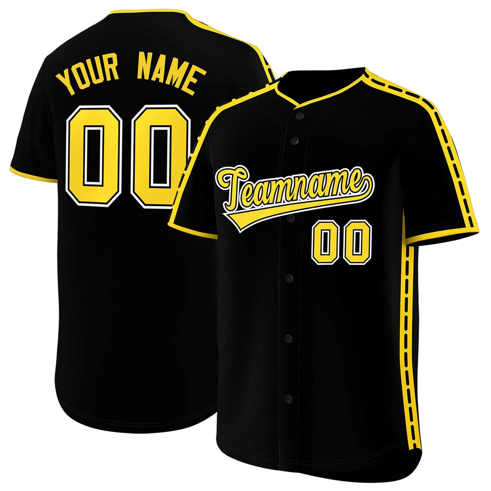 Custom Black Gold Color Block Personalized Side Dotted Line Authentic Baseball Jersey