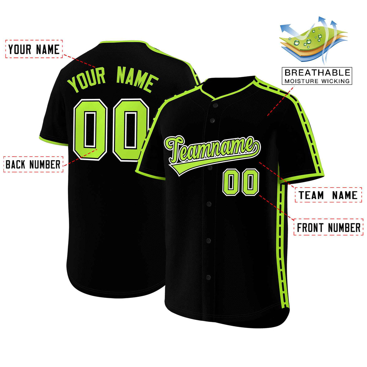 Custom Black Light Green Color Block Personalized Side Dotted Line Authentic Baseball Jersey