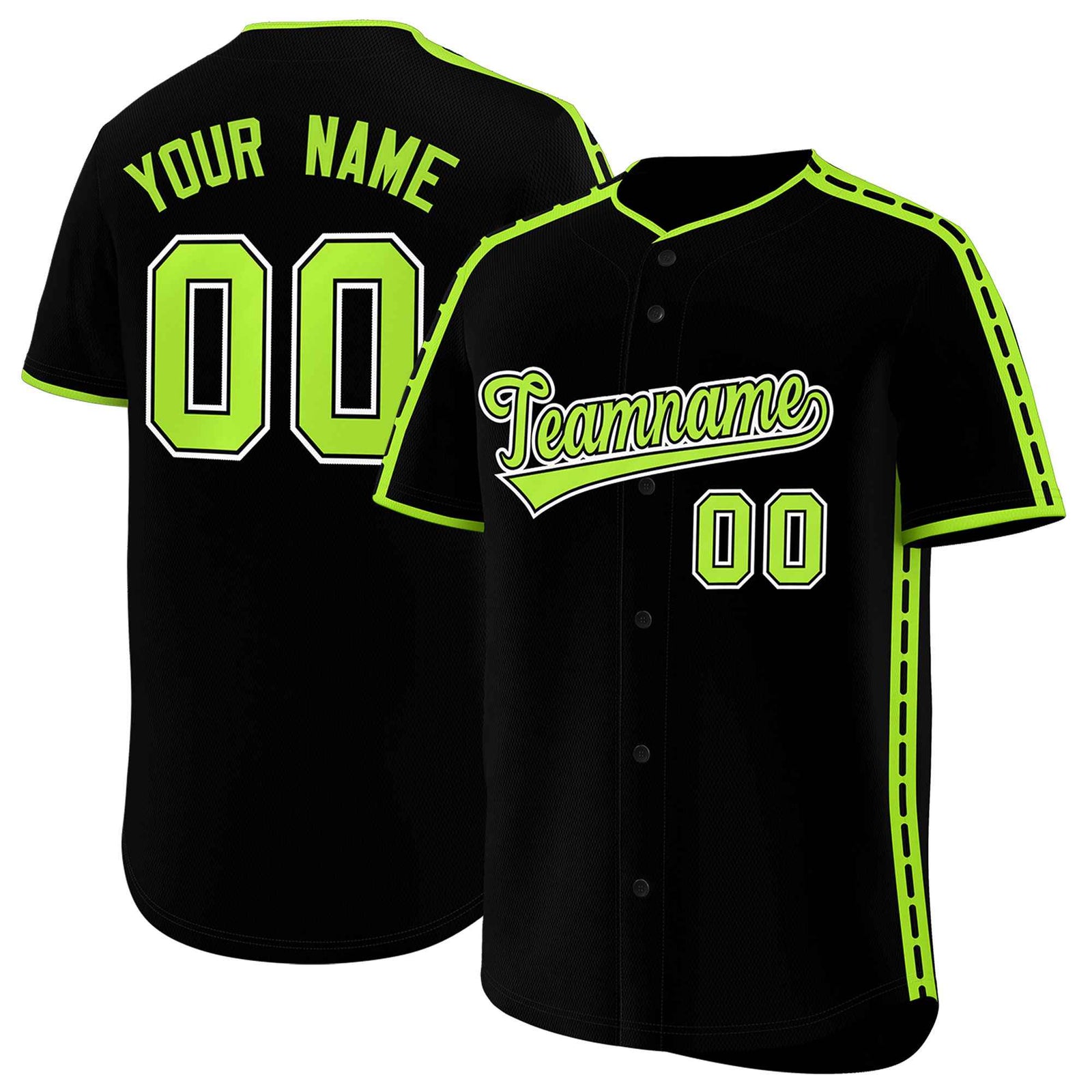 Custom Black Light Green Color Block Personalized Side Dotted Line Authentic Baseball Jersey