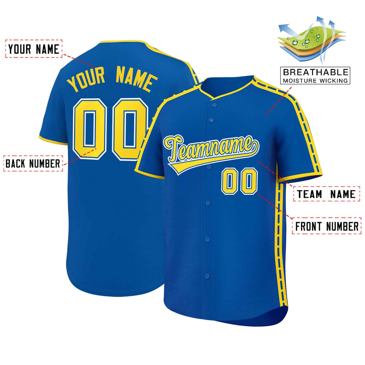 Custom Royal Gold Color Block Personalized Side Dotted Line Authentic Baseball Jersey