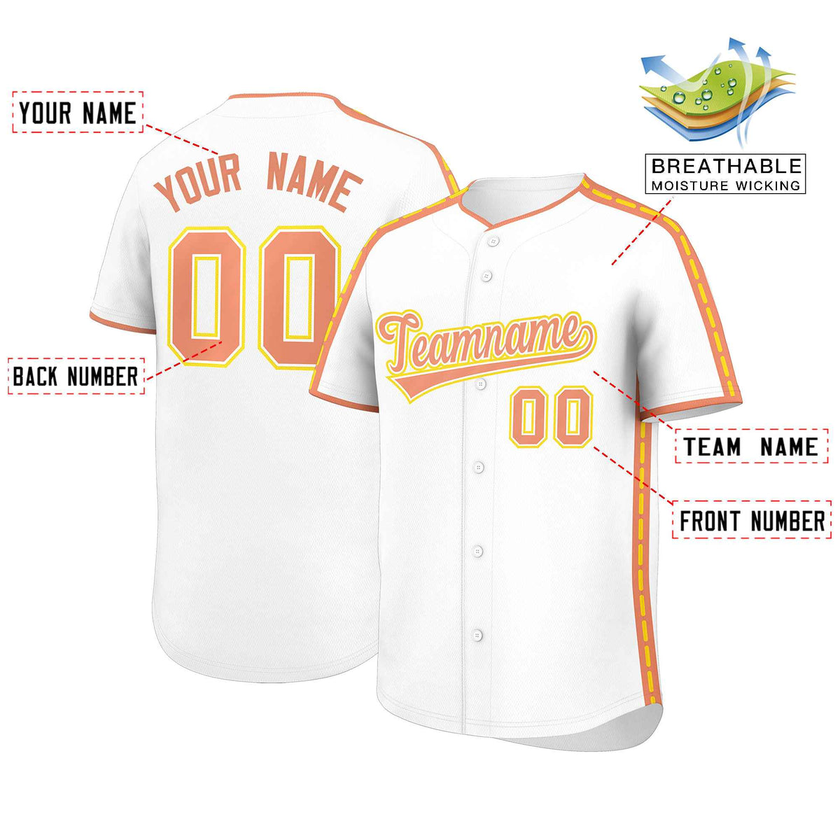 Custom White Light Orange Color Block Personalized Side Dotted Line Authentic Baseball Jersey