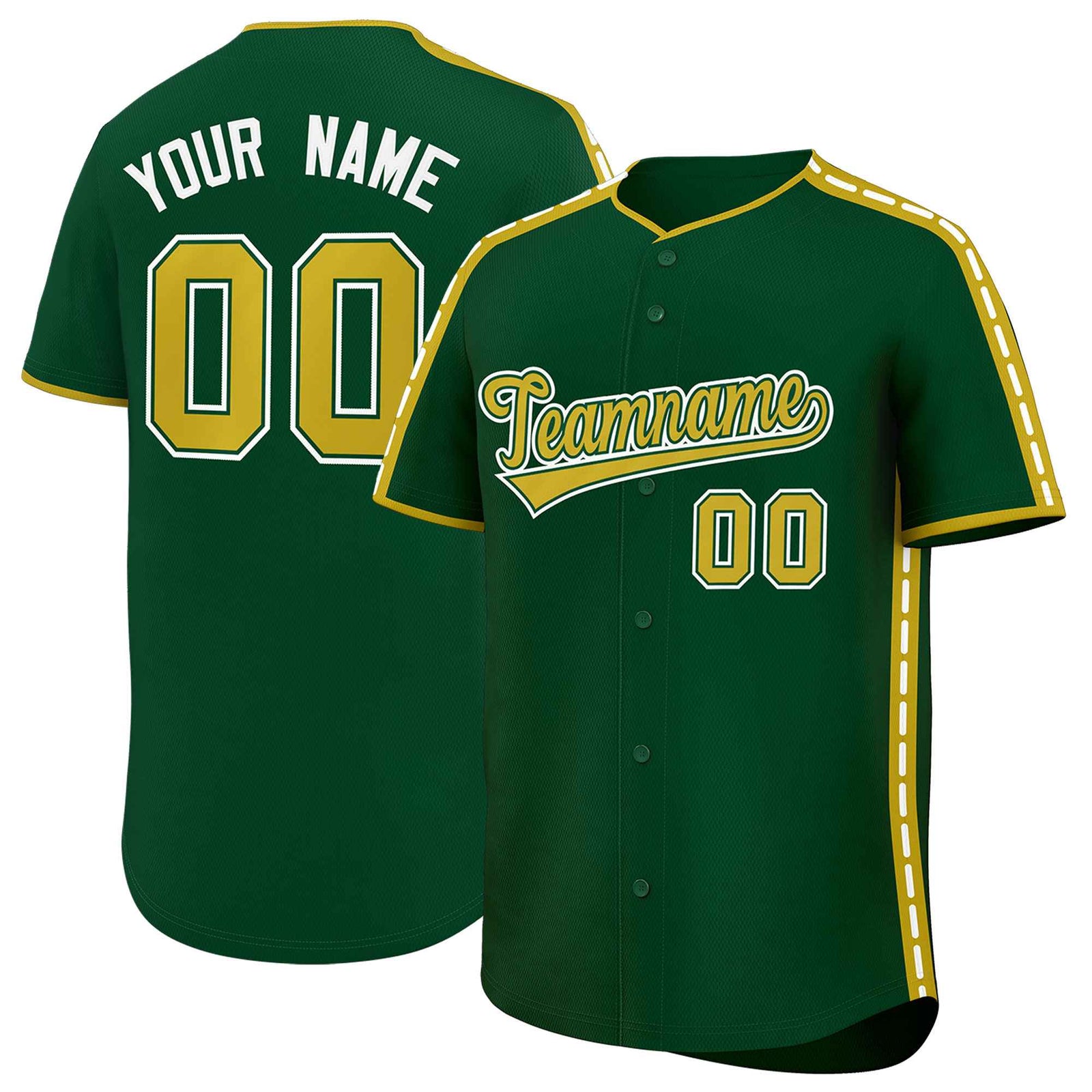 Custom Green Old Gold Color Block Personalized Side Dotted Line Authentic Baseball Jersey