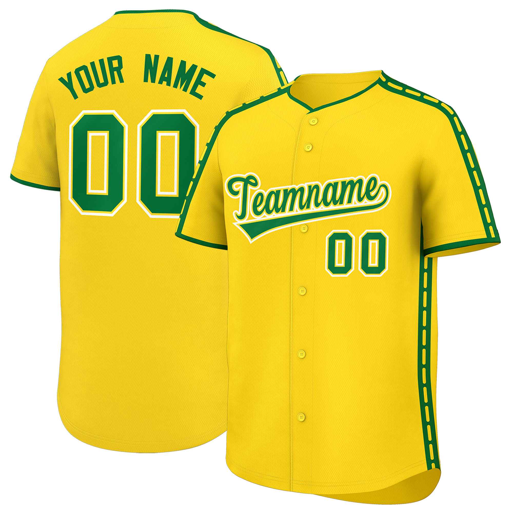 Custom Gold Kelly Green Color Block Personalized Side Dotted Line Authentic Baseball Jersey