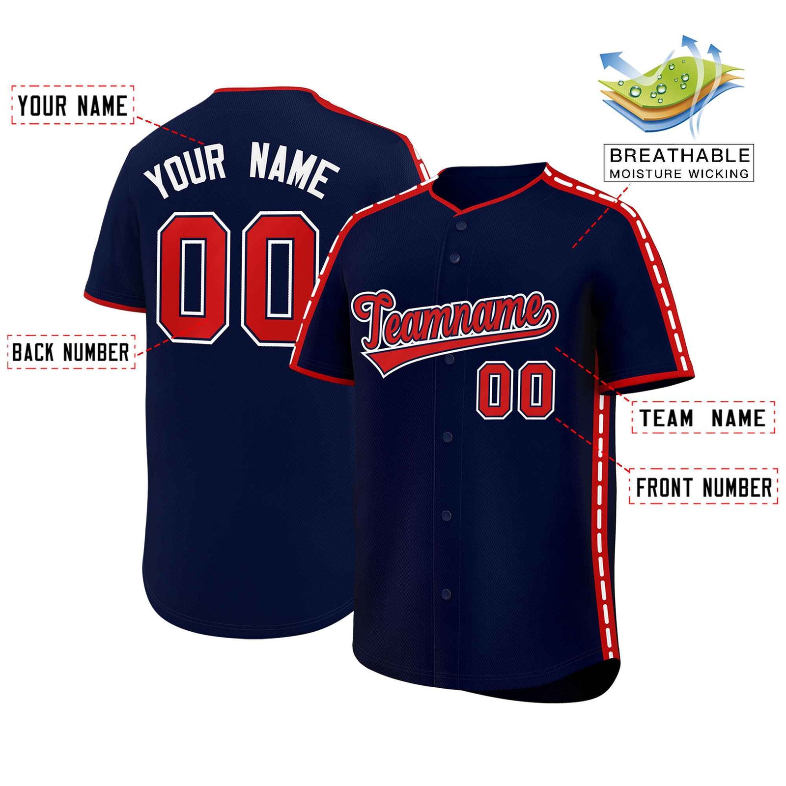 Custom Navy Red Color Block Personalized Side Dotted Line Authentic Baseball Jersey