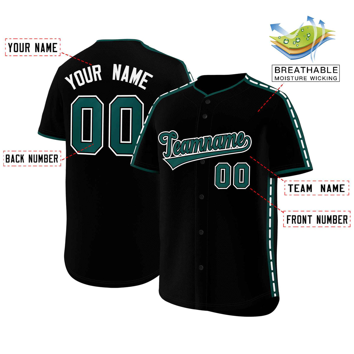 Custom Black Midnight Green Color Block Personalized Side Dotted Line Authentic Baseball Jersey
