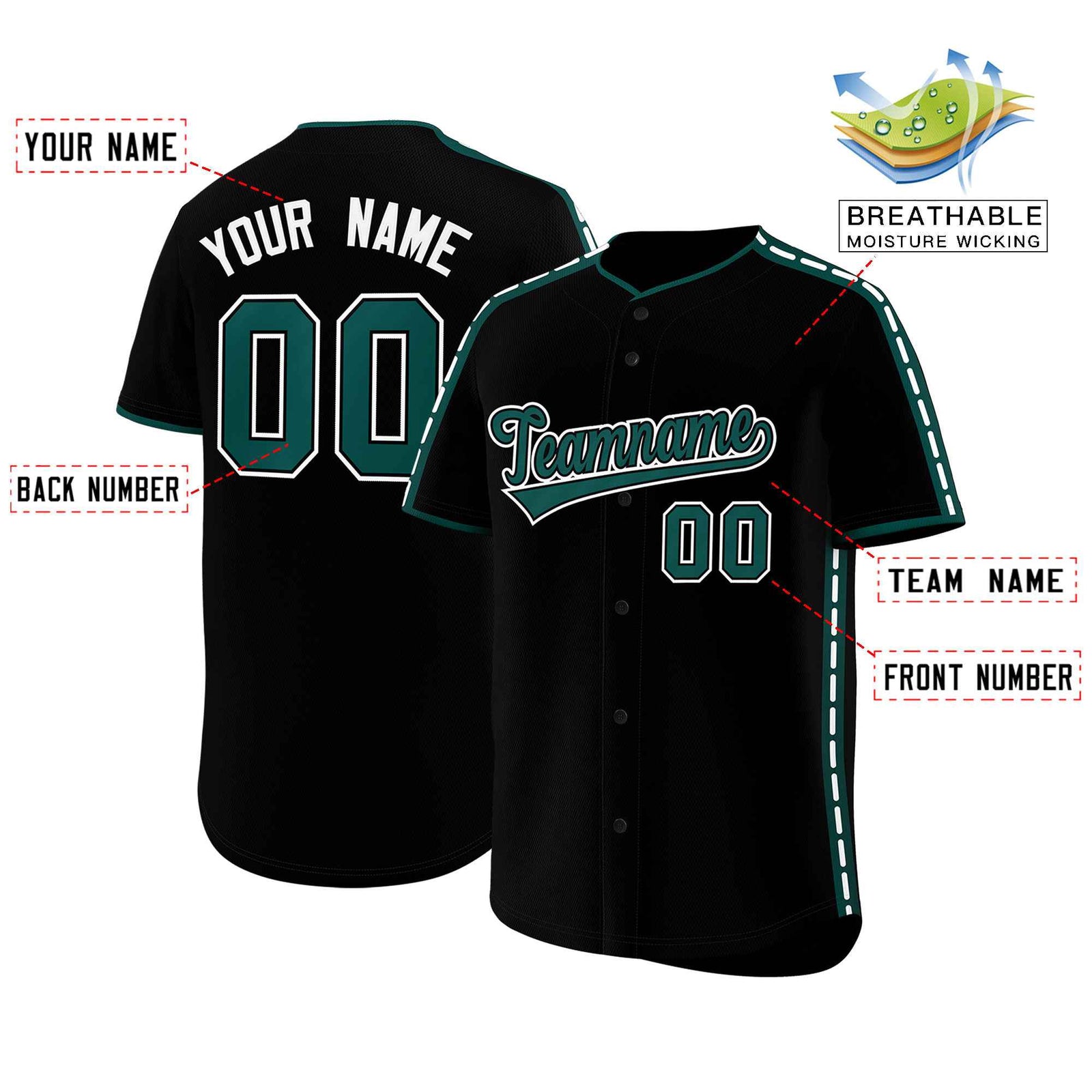 Custom Black Midnight Green Color Block Personalized Side Dotted Line Authentic Baseball Jersey