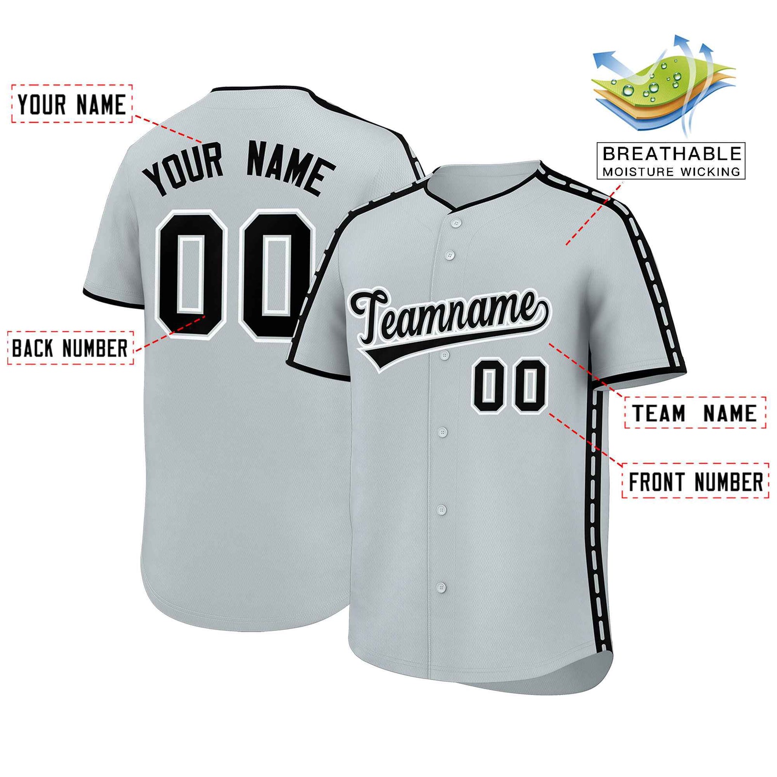 Custom Silver Black Color Block Personalized Side Dotted Line Authentic Baseball Jersey