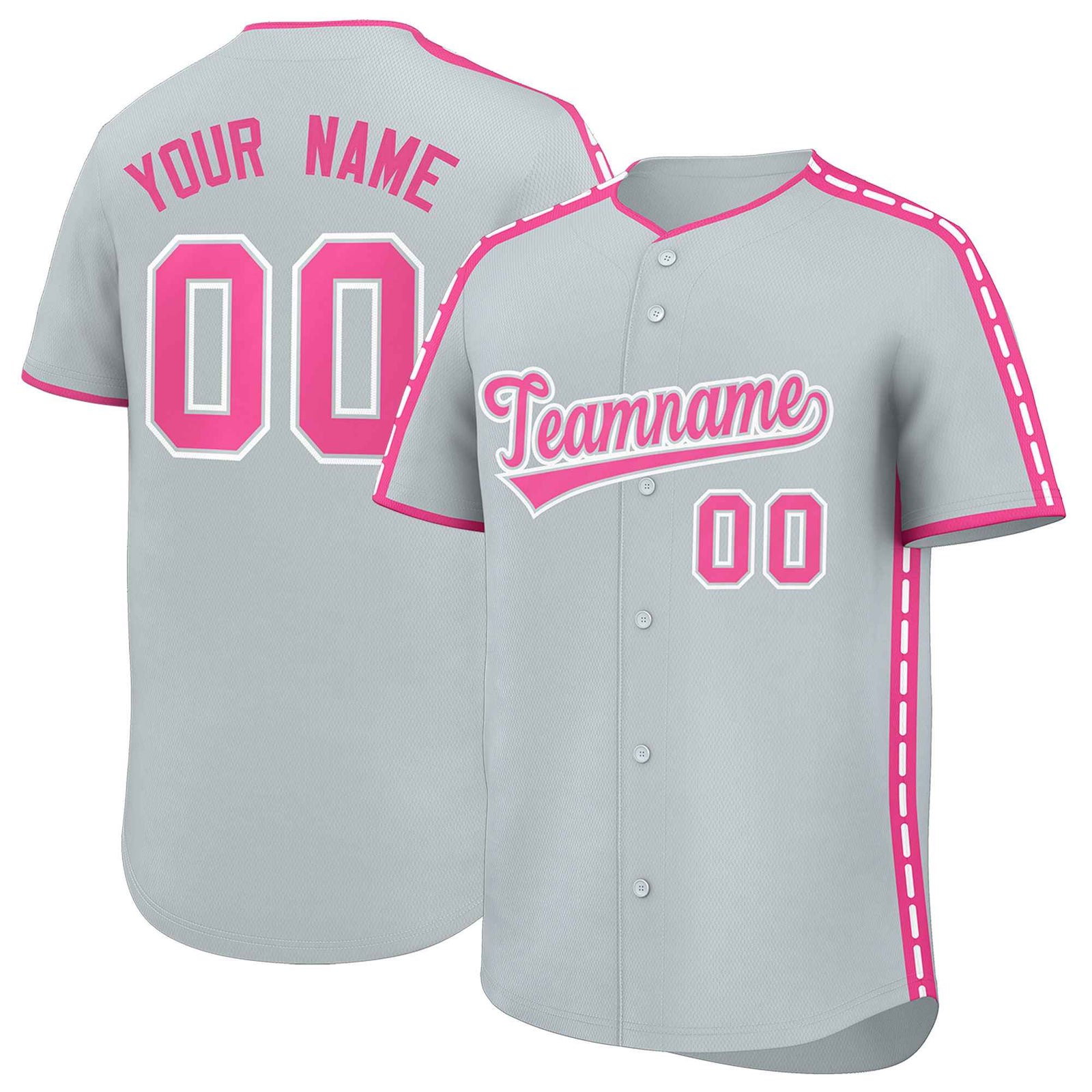 Custom Silver Pink Color Block Personalized Side Dotted Line Authentic Baseball Jersey