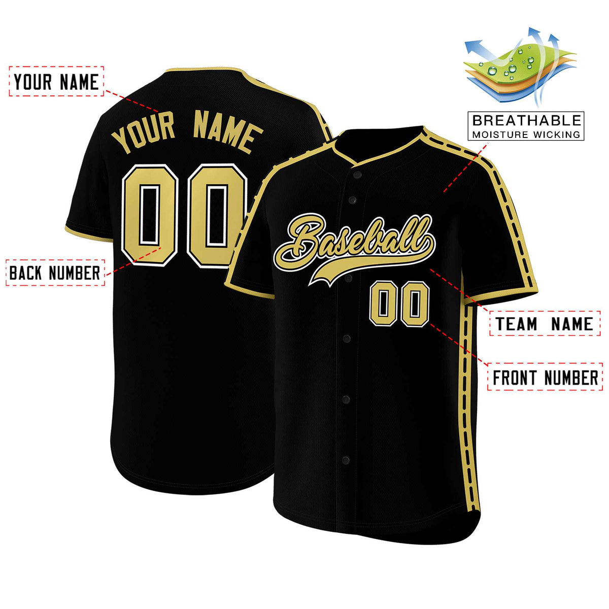 Custom Black Old Gold Color Block Personalized Side Dotted Line Authentic Baseball Jersey