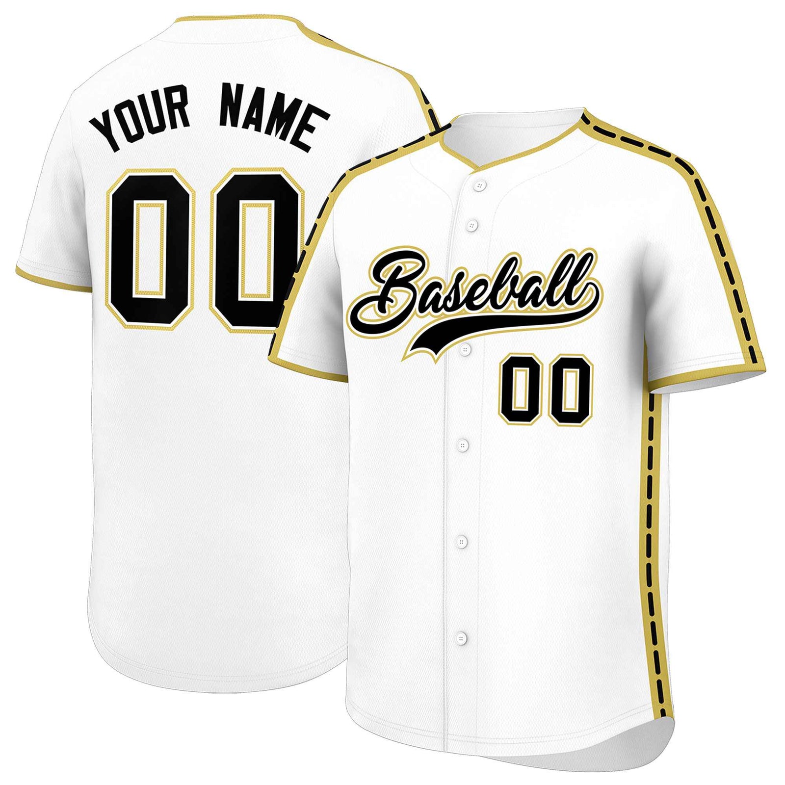 Custom White Old Gold Color Block Personalized Side Dotted Line Authentic Baseball Jersey