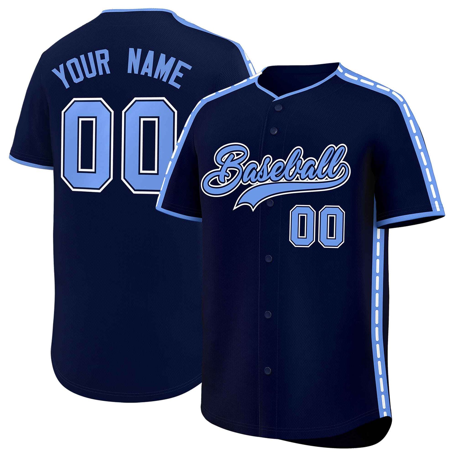 Custom Navy Light Blue Color Block Personalized Side Dotted Line Authentic Baseball Jersey