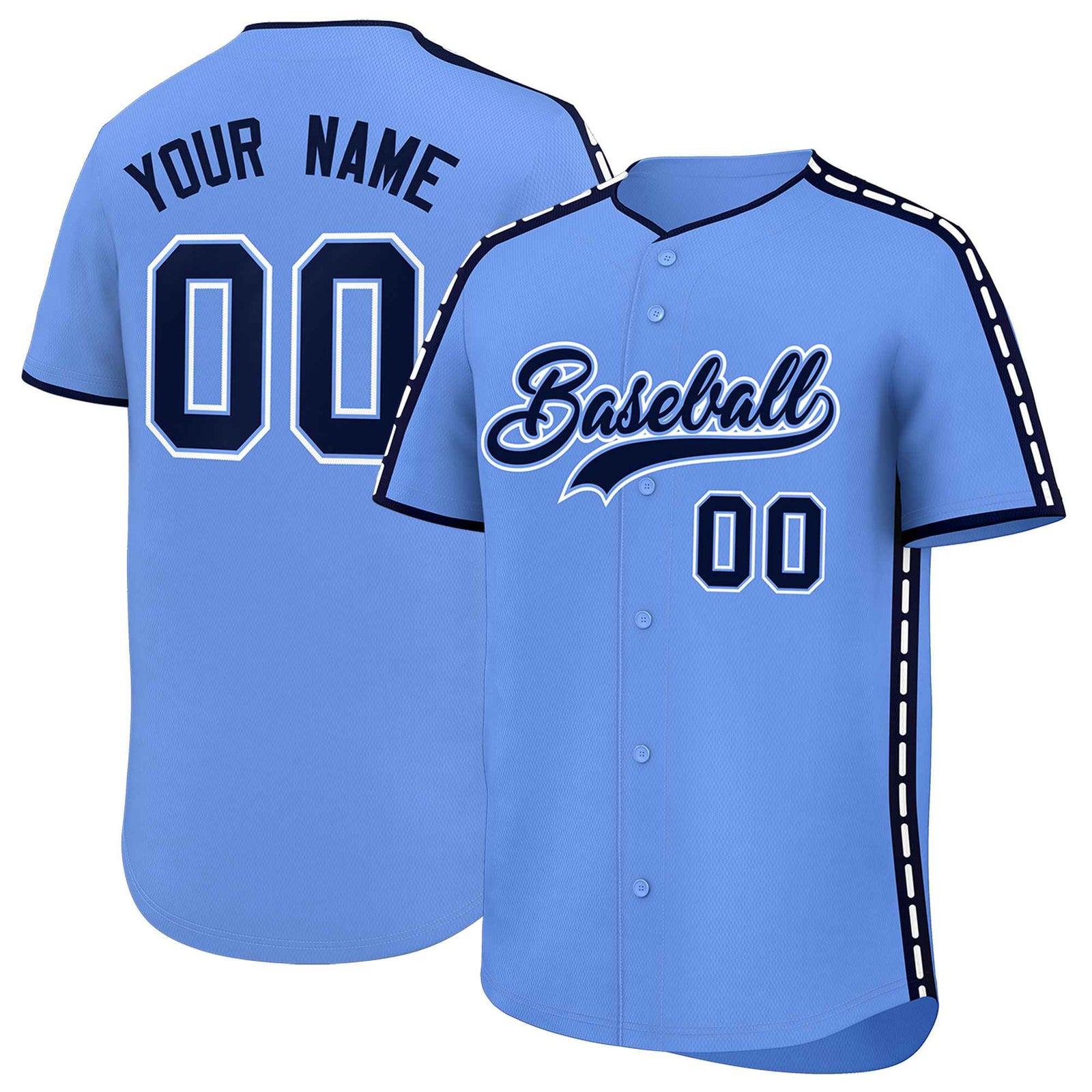 Custom Light Blue Navy Color Block Personalized Side Dotted Line Authentic Baseball Jersey
