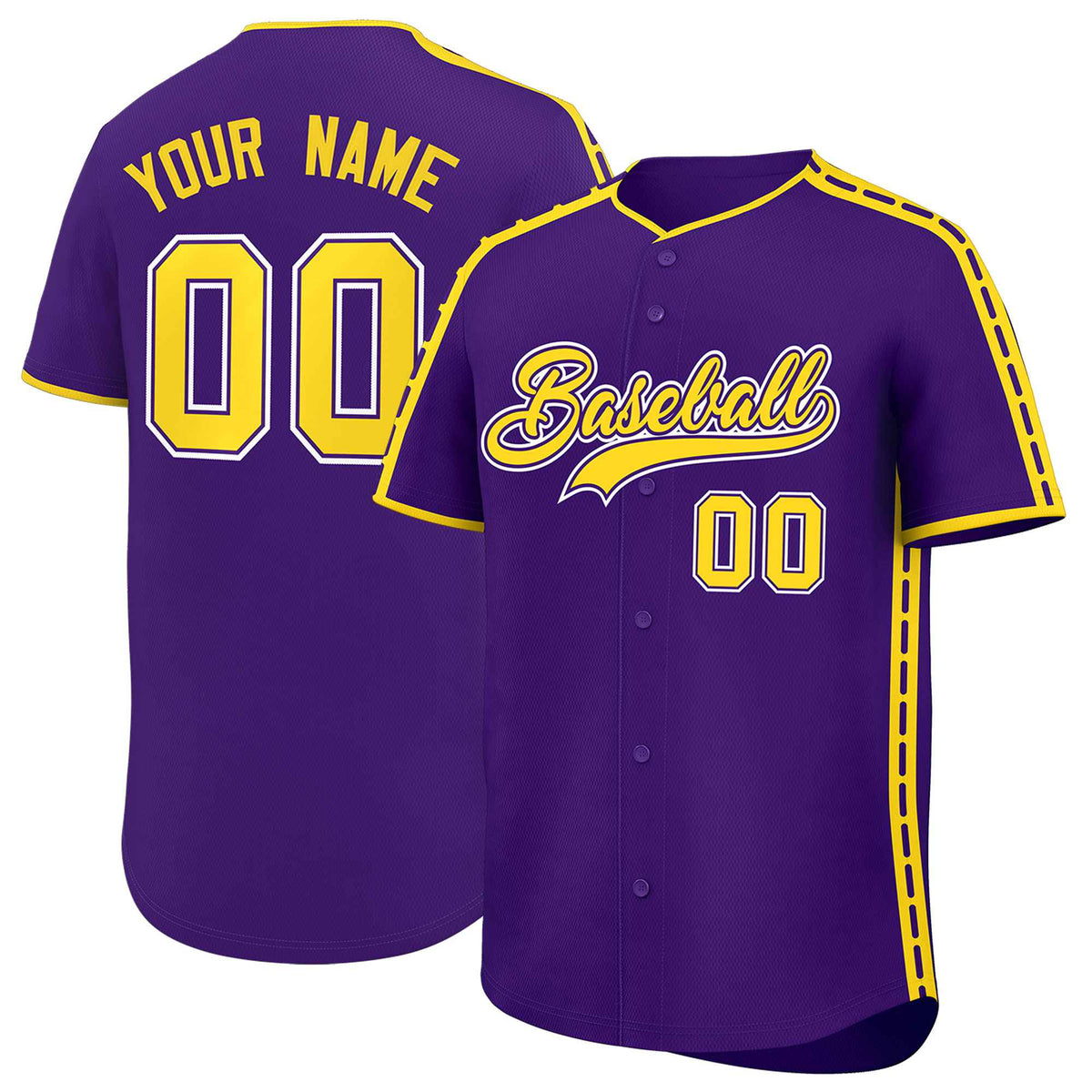 Custom Purple Gold Color Block Personalized Side Dotted Line Authentic Baseball Jersey
