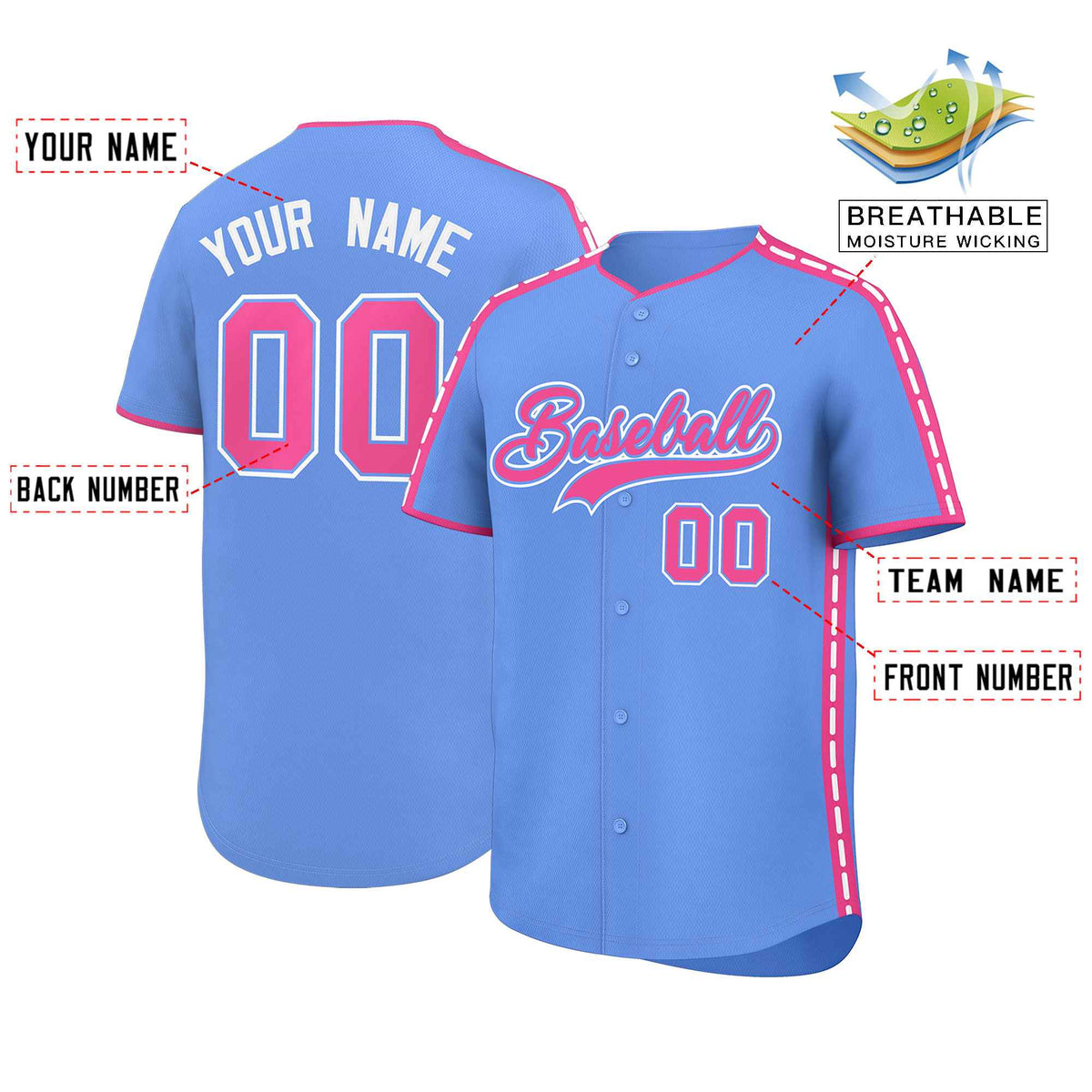 Custom Light Blue Pink Color Block Personalized Side Dotted Line Authentic Baseball Jersey