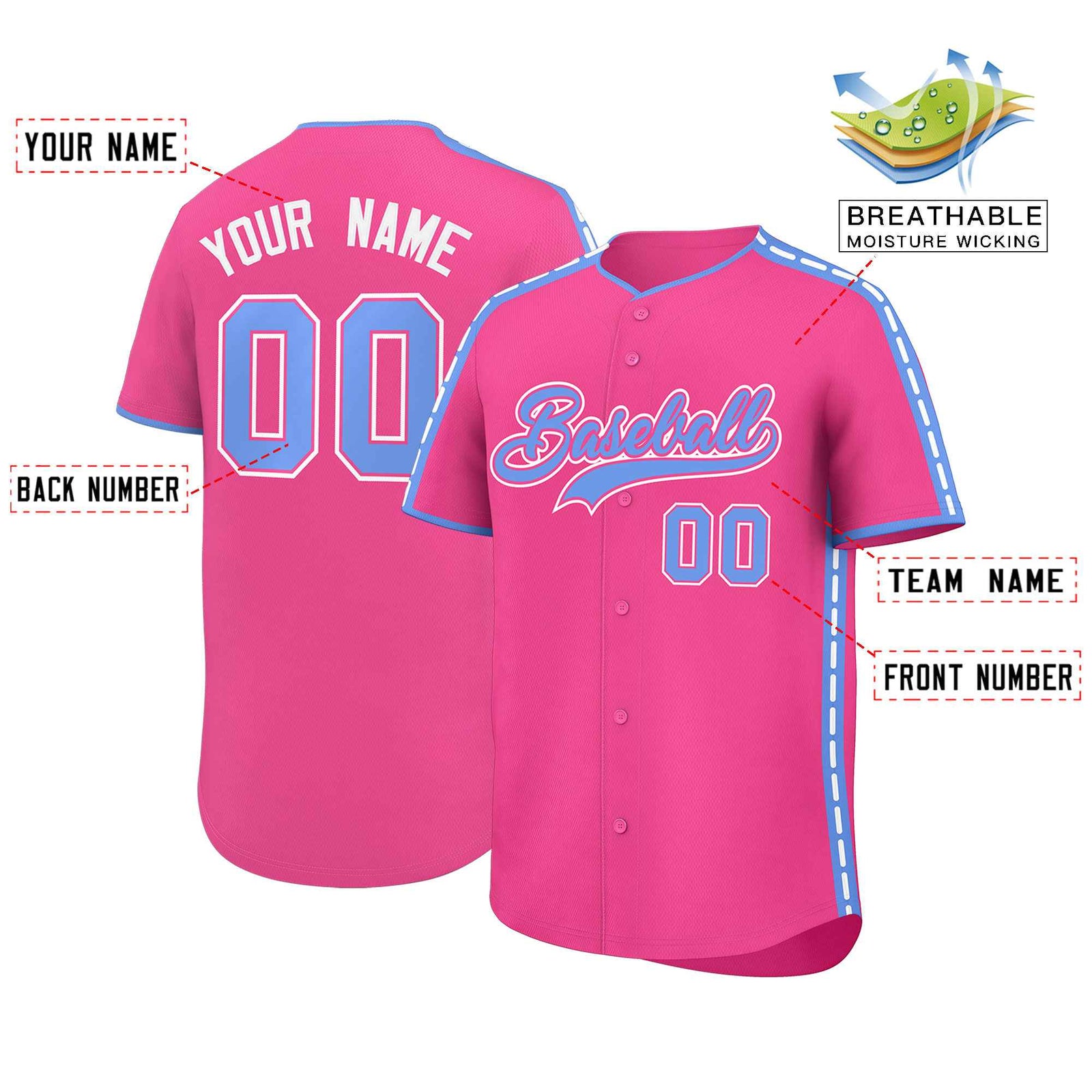 Custom Pink Light Blue Color Block Personalized Side Dotted Line Authentic Baseball Jersey