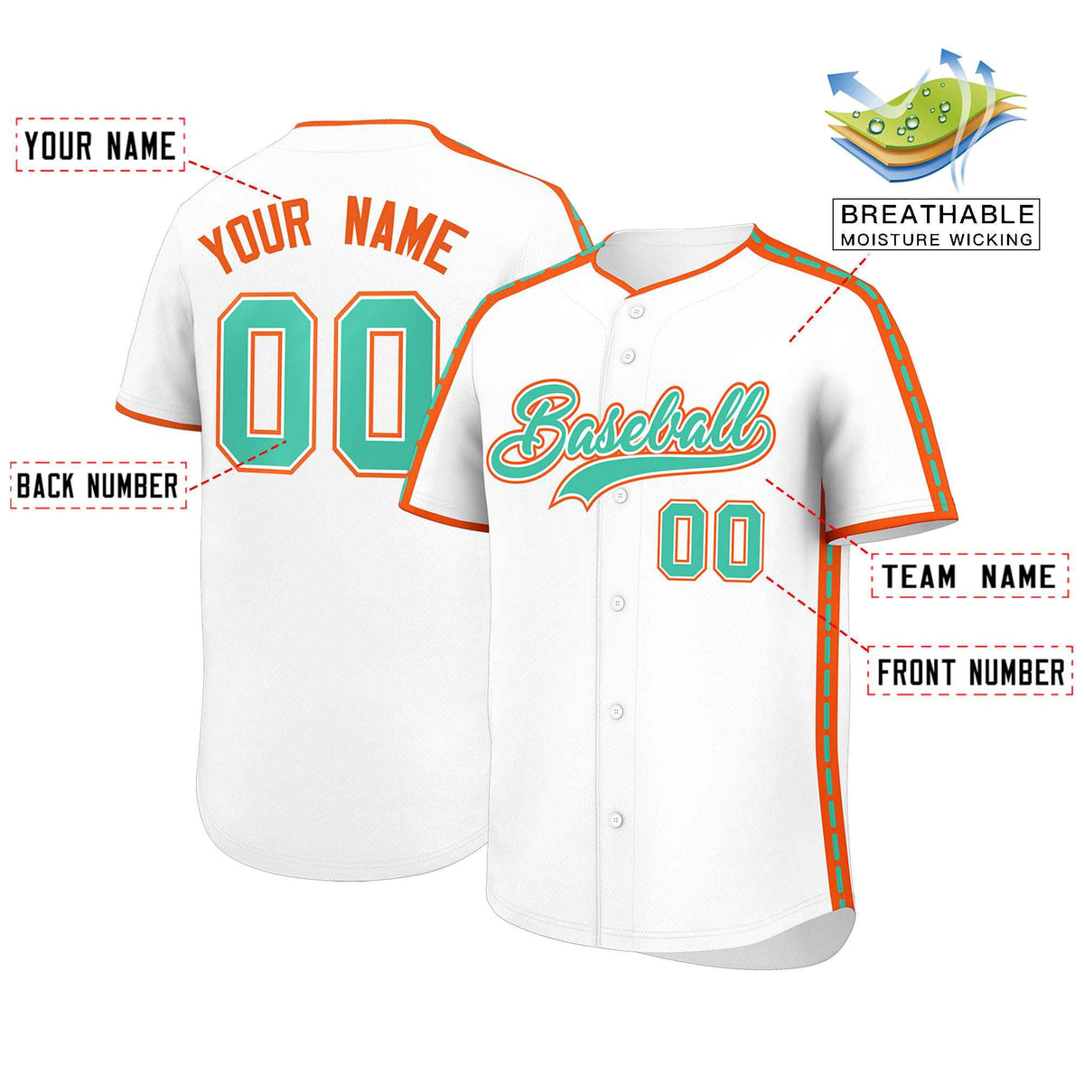Custom White Orange Color Block Personalized Side Dotted Line Authentic Baseball Jersey