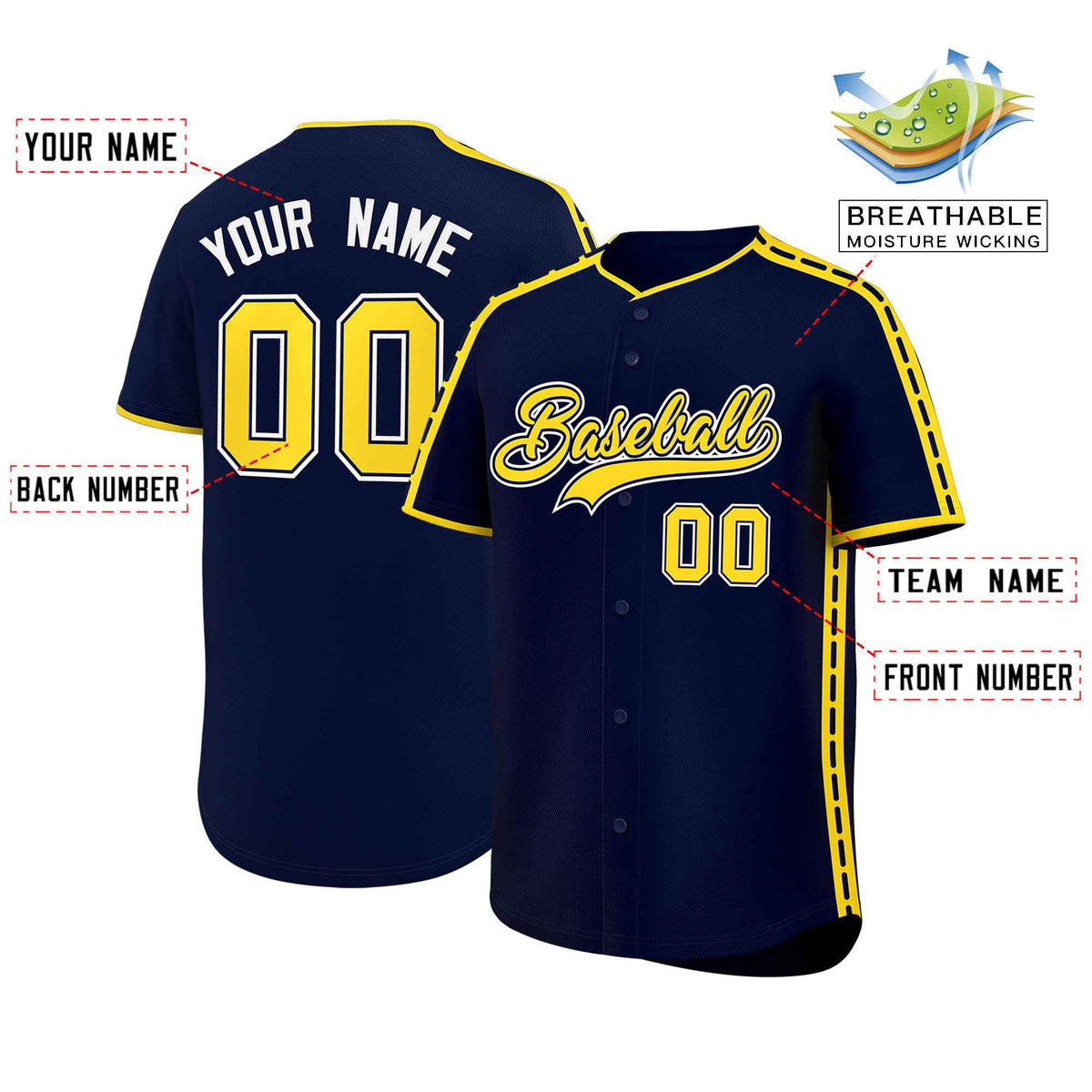 Custom Navy Gold Color Block Personalized Side Dotted Line Authentic Baseball Jersey