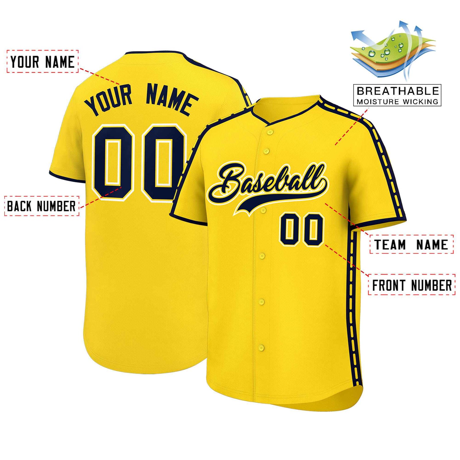 Custom Gold Navy Color Block Personalized Side Dotted Line Authentic Baseball Jersey