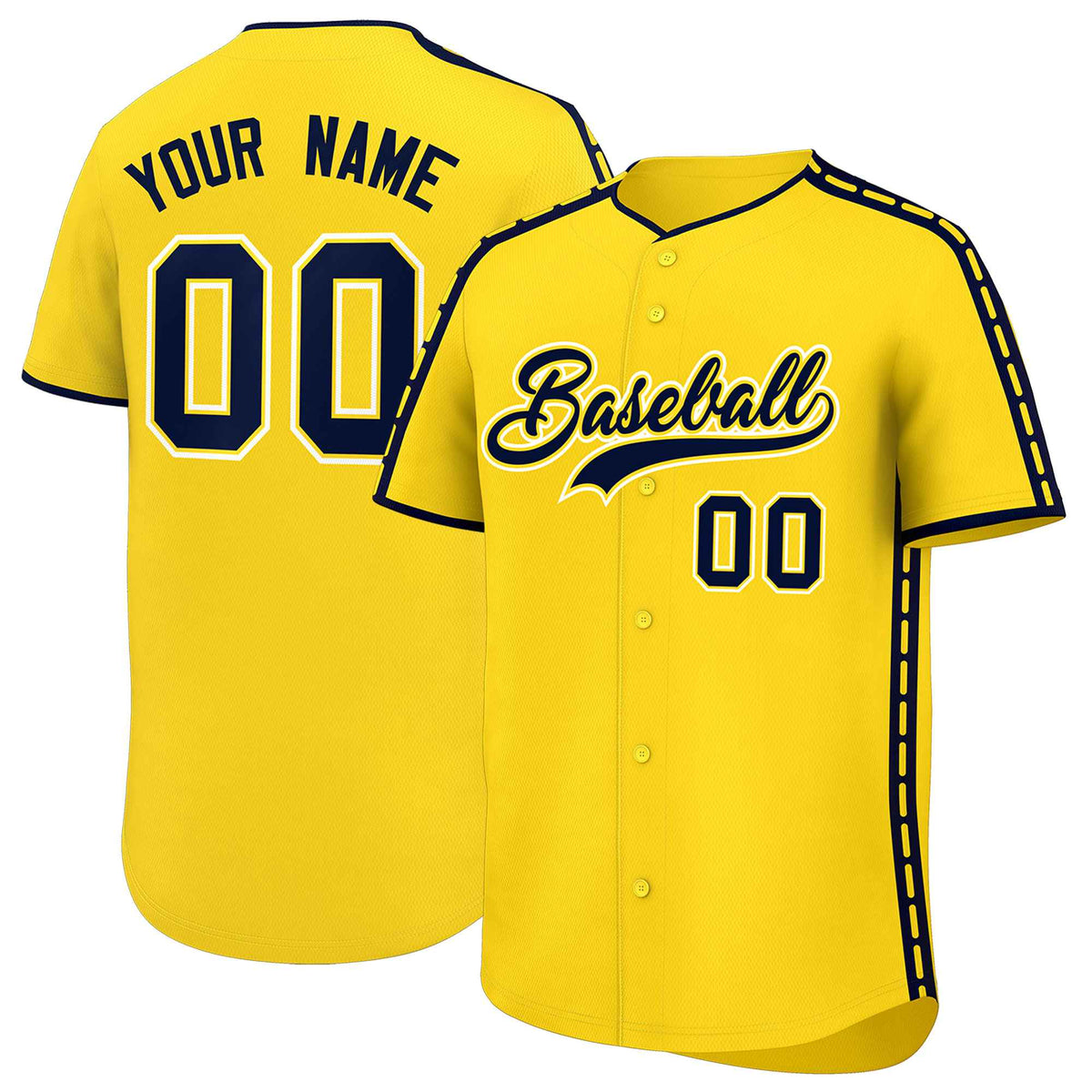 Custom Gold Navy Color Block Personalized Side Dotted Line Authentic Baseball Jersey