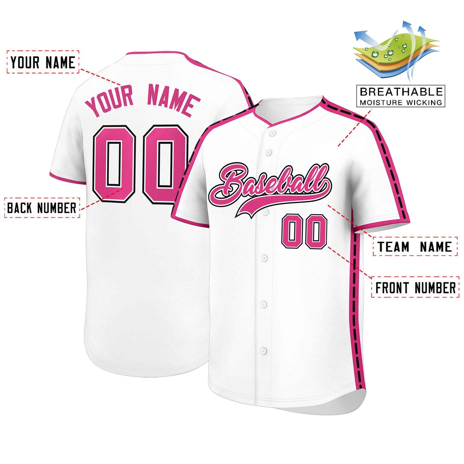 Custom White Pink Color Block Personalized Side Dotted Line Authentic Baseball Jersey