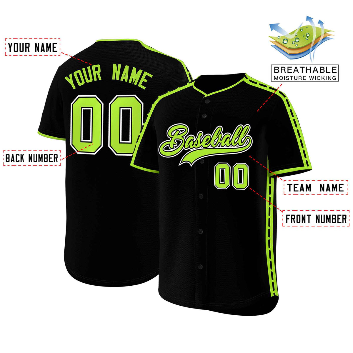 Custom Black Light Green Color Block Personalized Side Dotted Line Authentic Baseball Jersey
