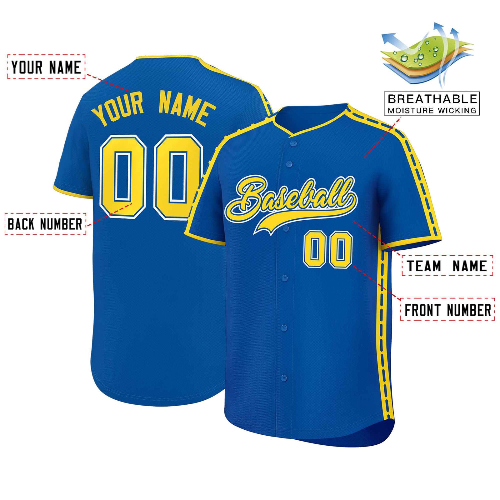 Custom Royal Gold Color Block Personalized Side Dotted Line Authentic Baseball Jersey