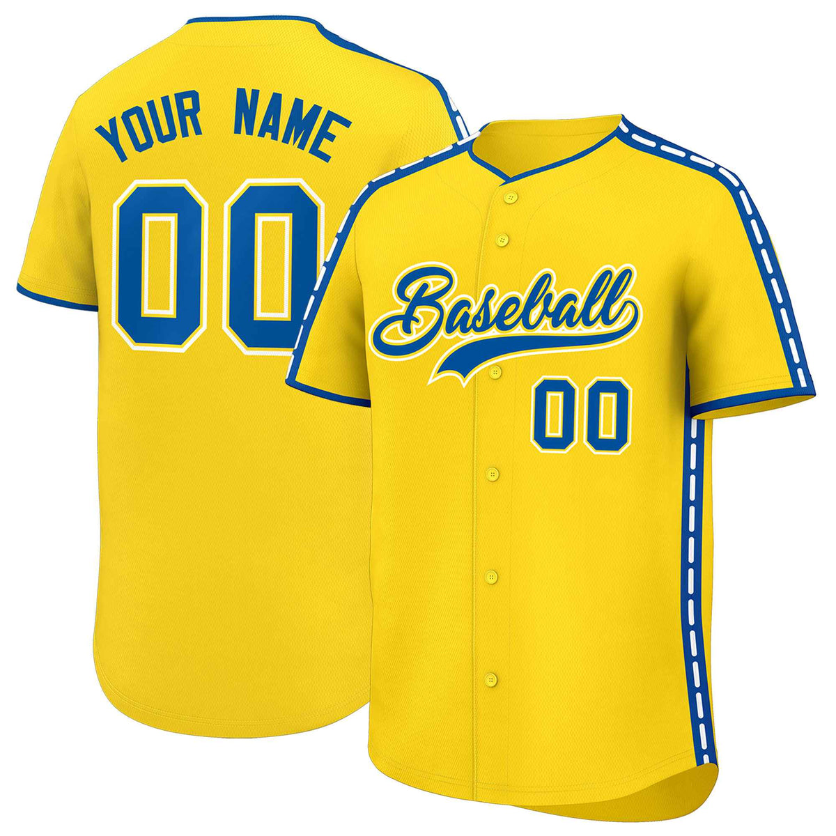 Custom Gold Royal Color Block Personalized Side Dotted Line Authentic Baseball Jersey