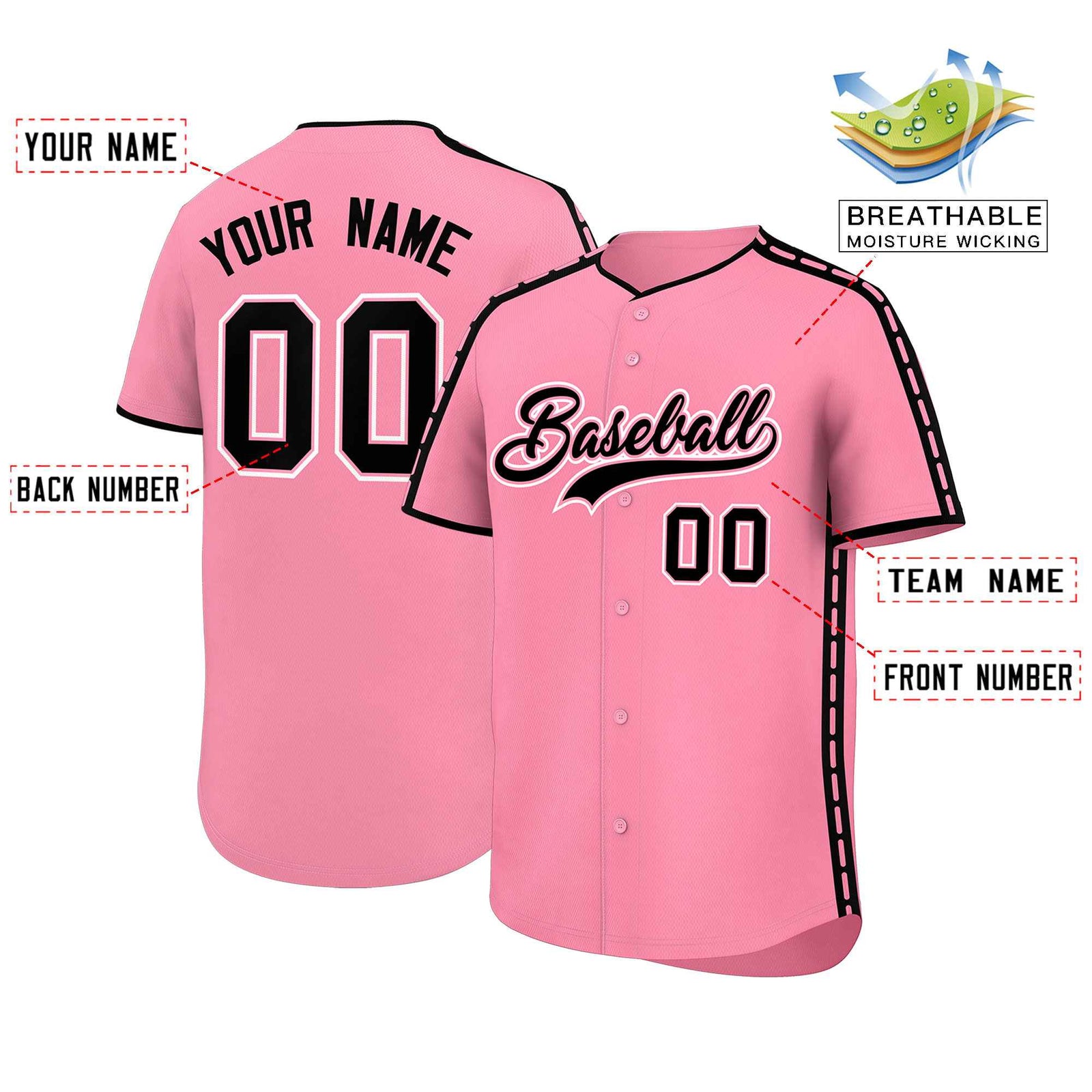 Custom Light Pink Black Color Block Personalized Side Dotted Line Authentic Baseball Jersey