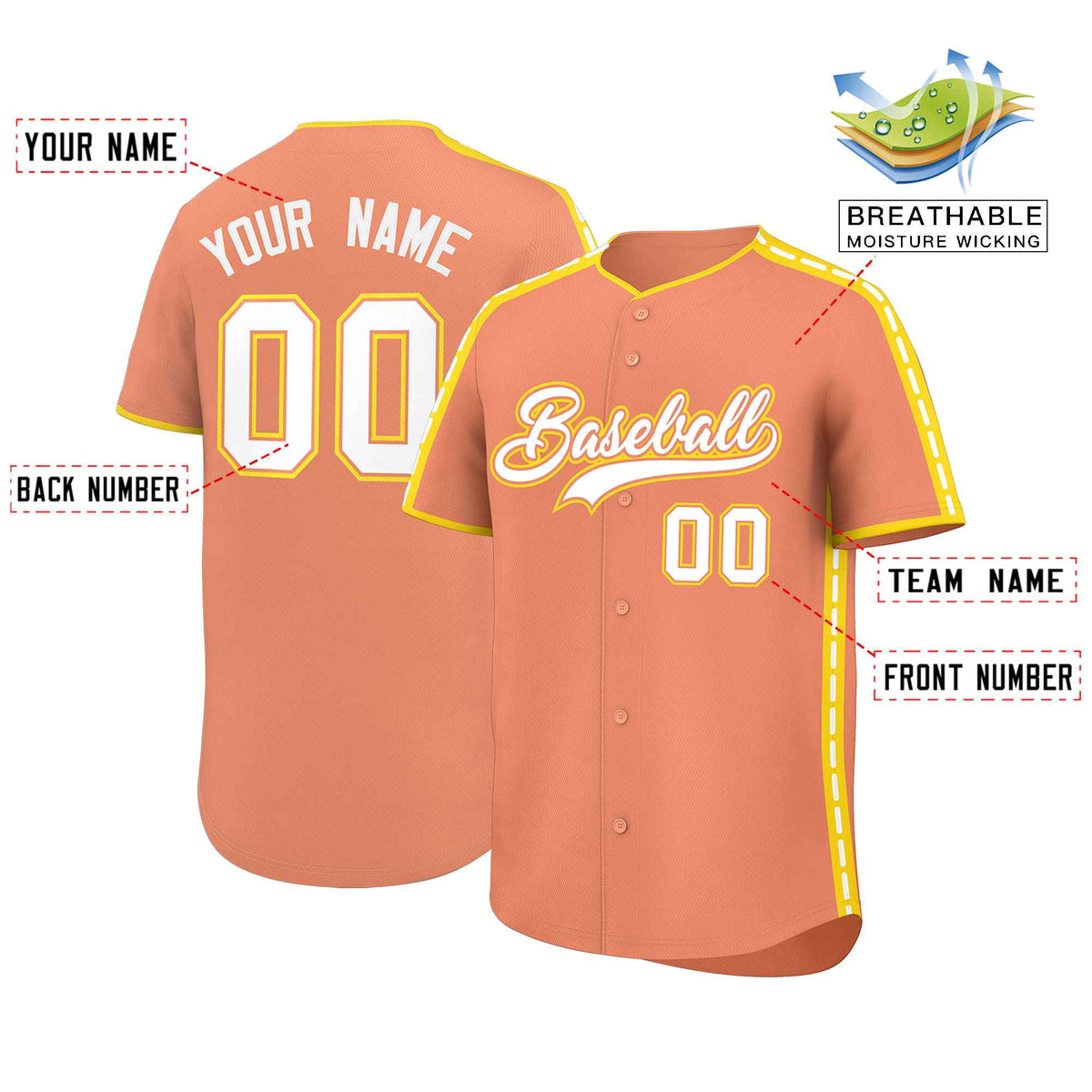 Custom Light Orange Gold Color Block Personalized Side Dotted Line Authentic Baseball Jersey