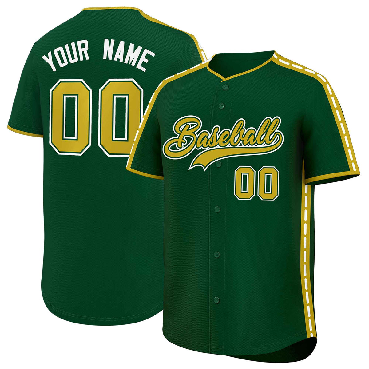Custom Green Old Gold Color Block Personalized Side Dotted Line Authentic Baseball Jersey