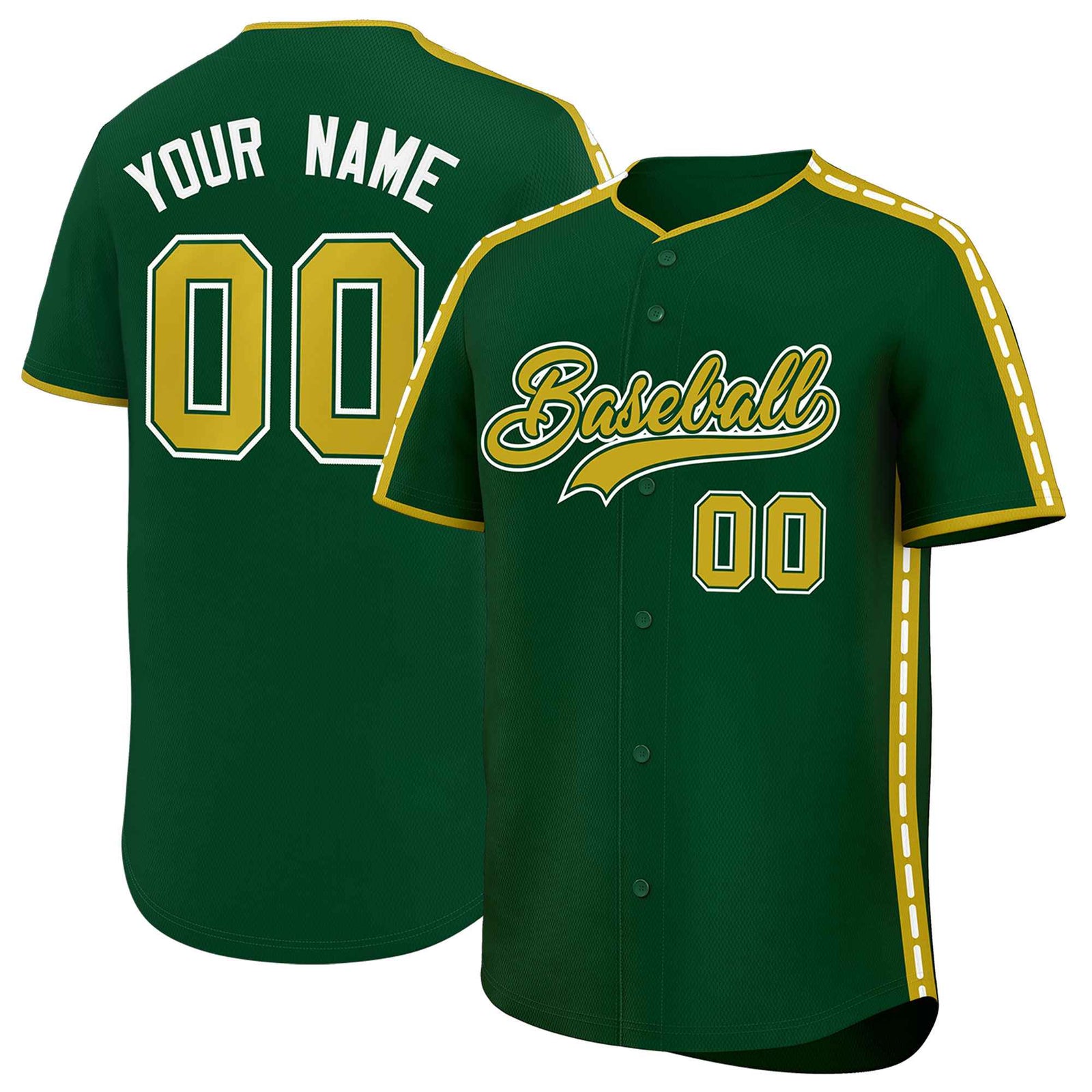 Custom Green Old Gold Color Block Personalized Side Dotted Line Authentic Baseball Jersey