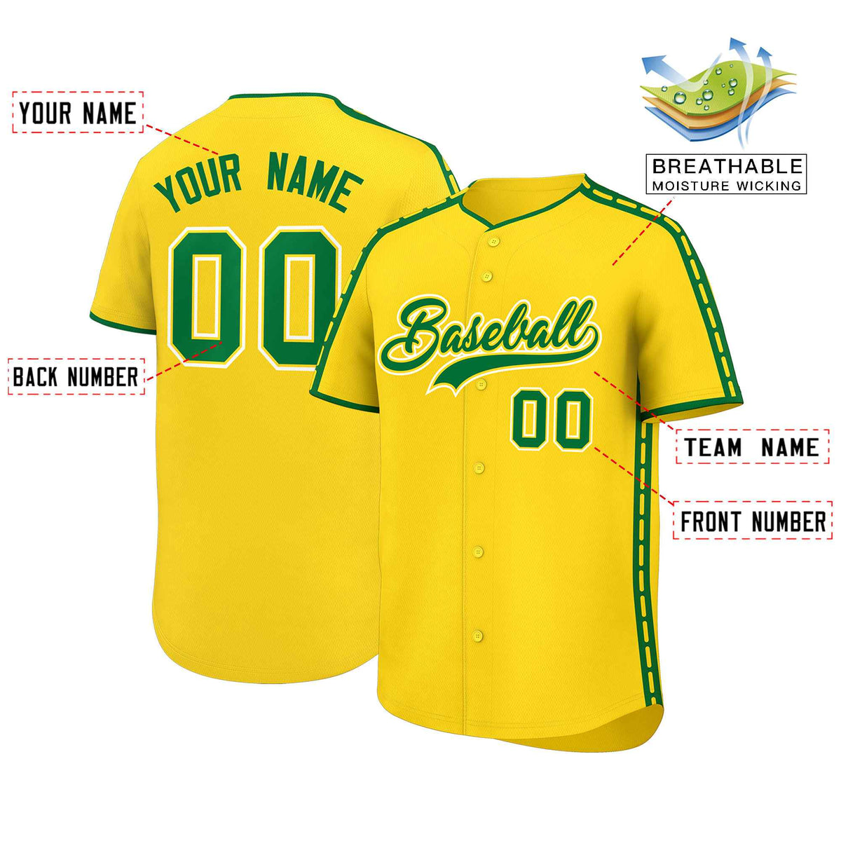 Custom Gold Kelly Green Color Block Personalized Side Dotted Line Authentic Baseball Jersey