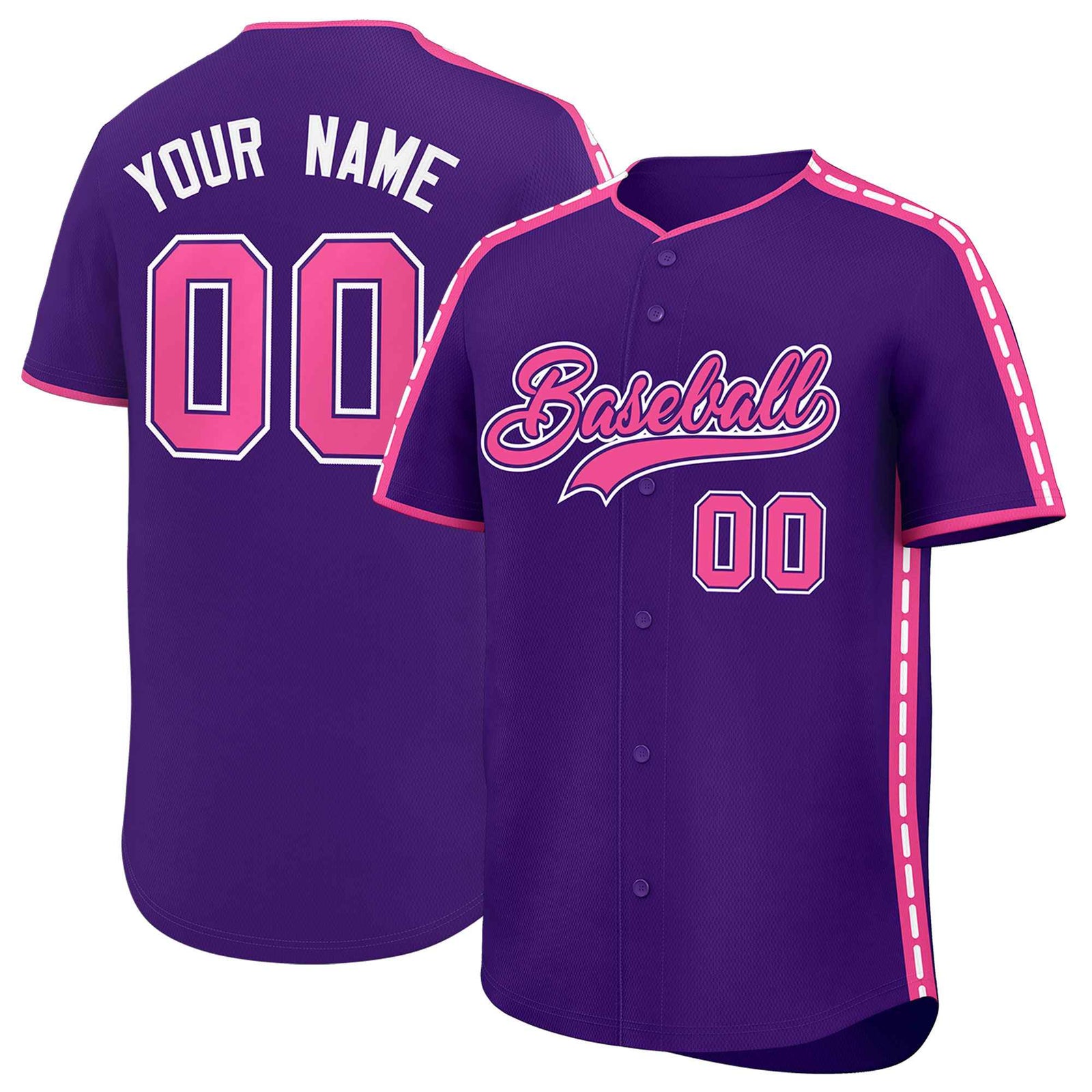 Custom Purple Pink Color Block Personalized Side Dotted Line Authentic Baseball Jersey