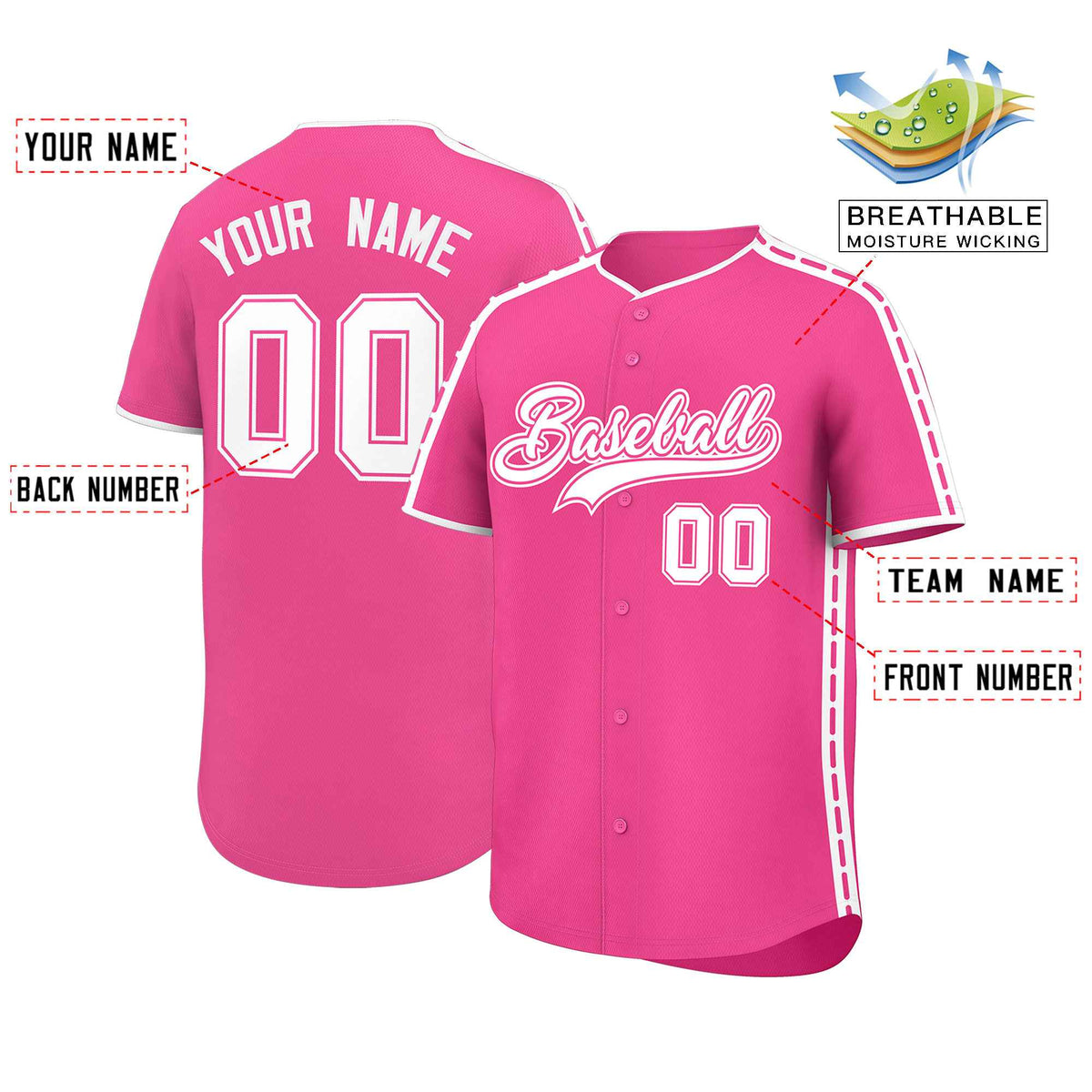 Custom Pink White Color Block Personalized Side Dotted Line Authentic Baseball Jersey