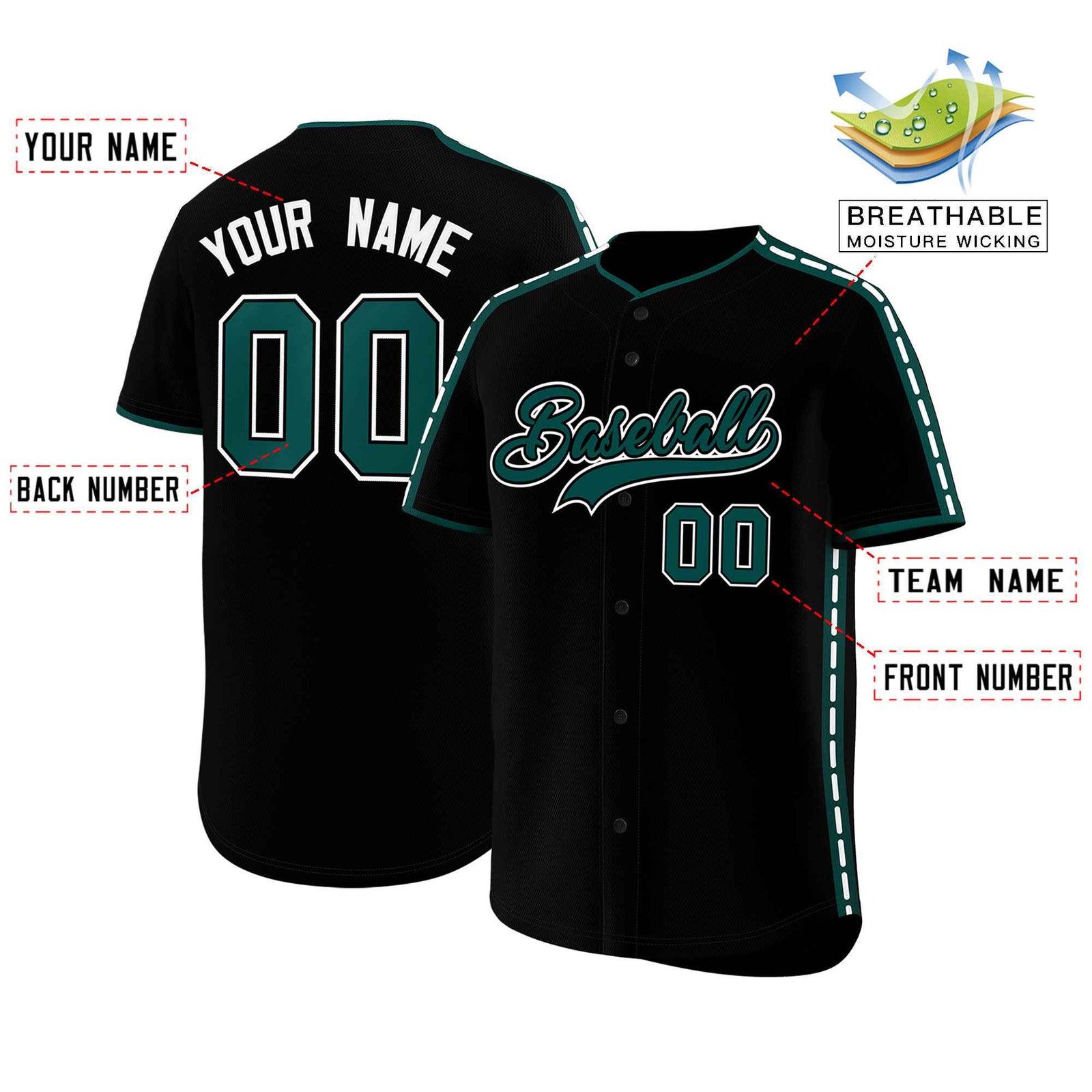 Custom Black Midnight Green Color Block Personalized Side Dotted Line Authentic Baseball Jersey