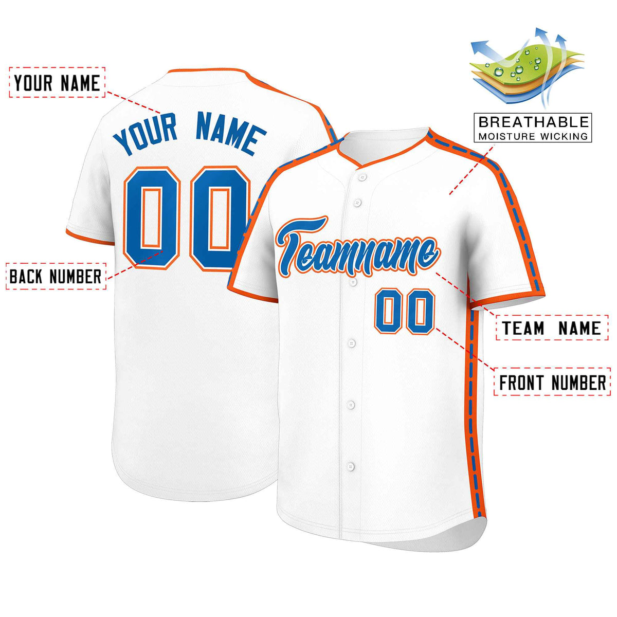 Custom White Orange Color Block Personalized Side Dotted Line Authentic Baseball Jersey