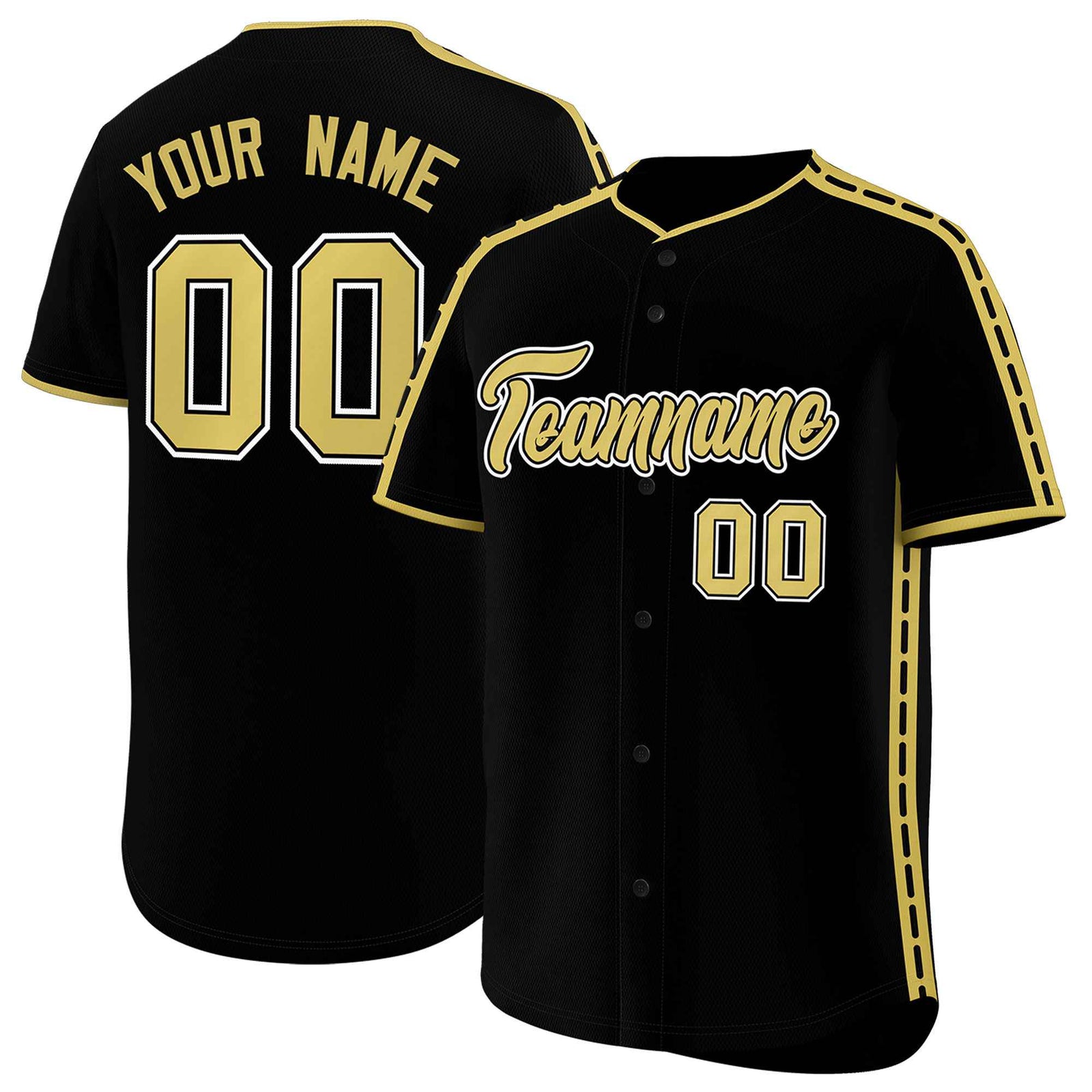 Custom Black Old Gold Color Block Personalized Side Dotted Line Authentic Baseball Jersey