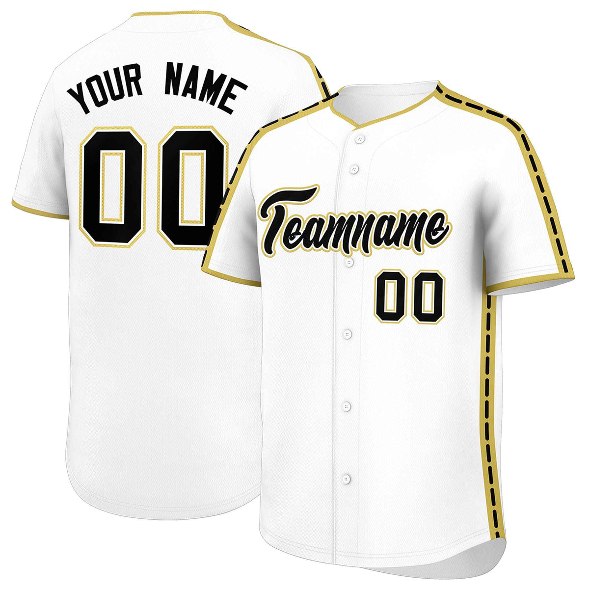 Custom White Old Gold Color Block Personalized Side Dotted Line Authentic Baseball Jersey