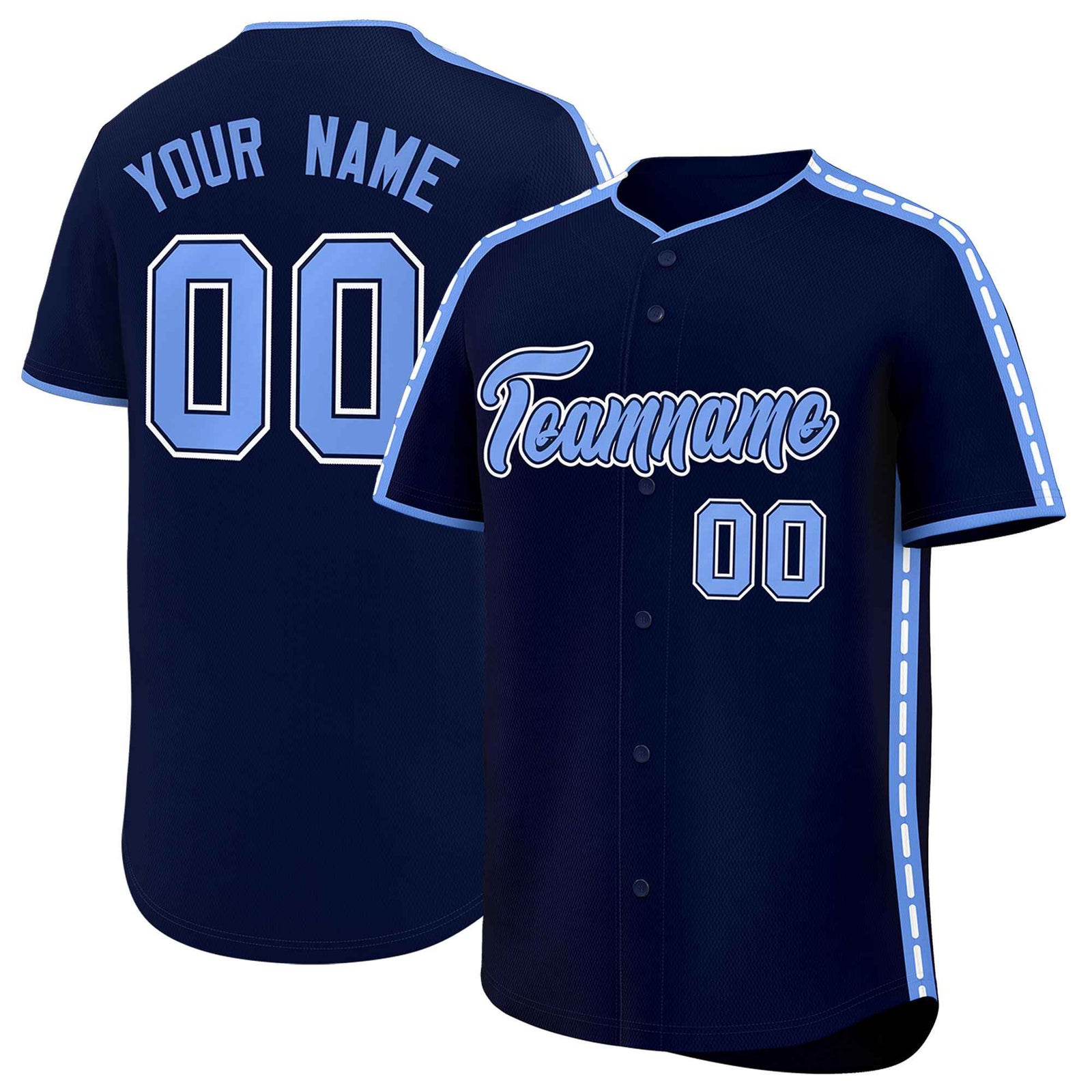 Custom Navy Light Blue Color Block Personalized Side Dotted Line Authentic Baseball Jersey