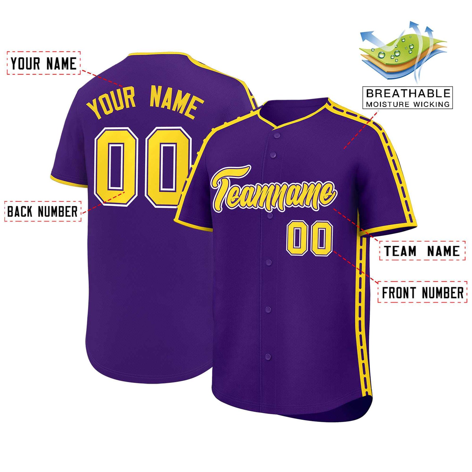 Custom Purple Gold Color Block Personalized Side Dotted Line Authentic Baseball Jersey