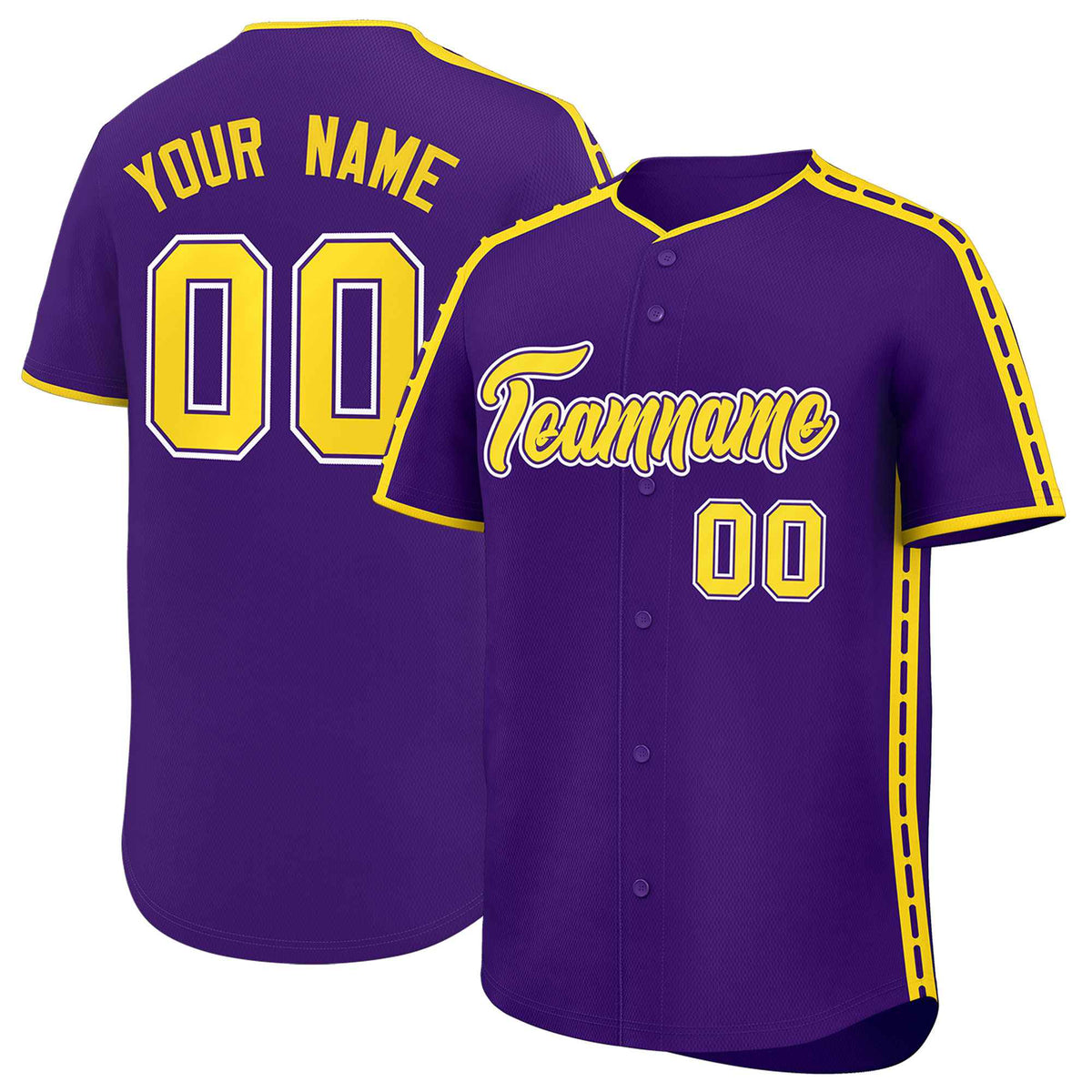 Custom Purple Gold Color Block Personalized Side Dotted Line Authentic Baseball Jersey