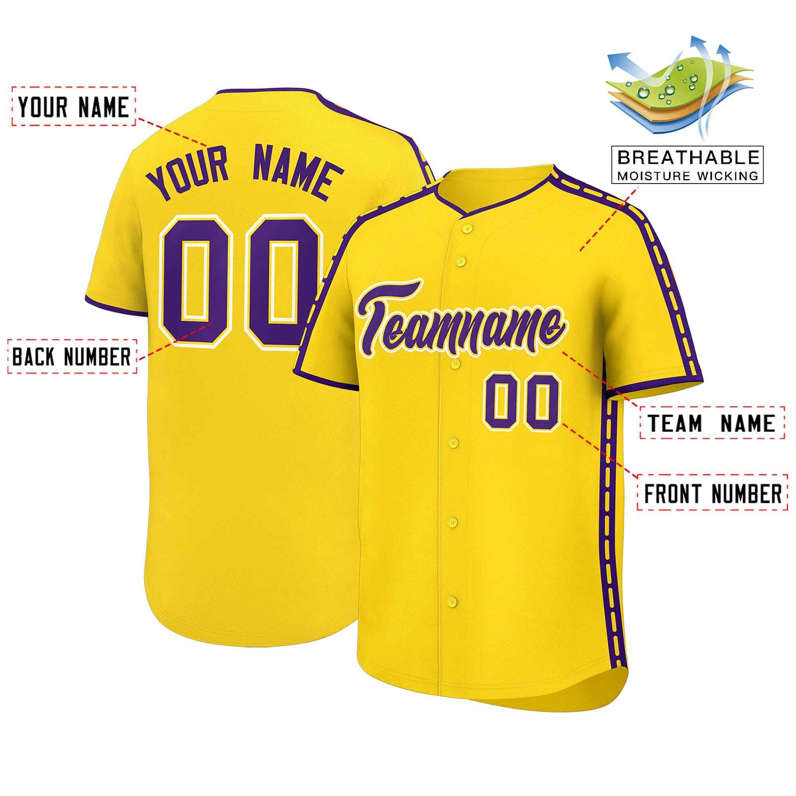 Custom Gold Purple Color Block Personalized Side Dotted Line Authentic Baseball Jersey