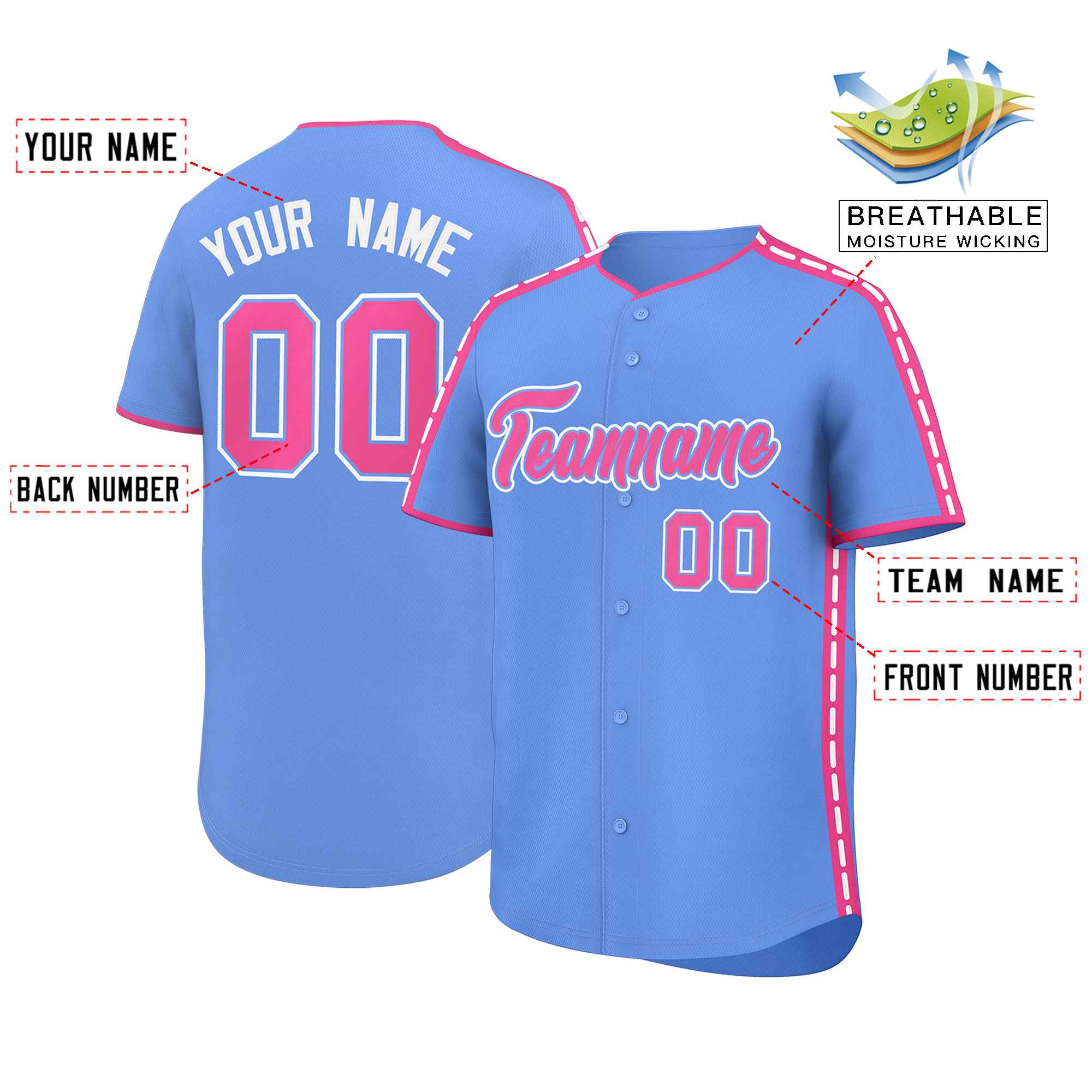 Custom Light Blue Pink Color Block Personalized Side Dotted Line Authentic Baseball Jersey